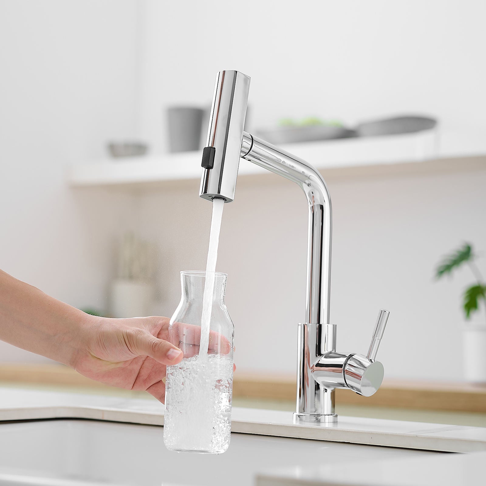 Kitchen, Faucet, Single Handle Faucet, Push Button, T Pull-Out Sprayer, Ceramic Valve, Chrome