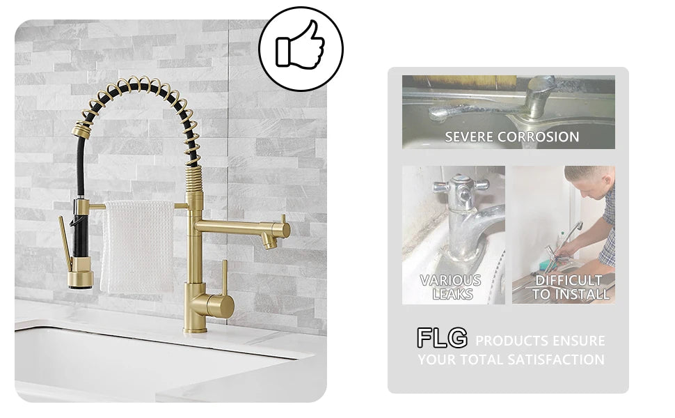 Kitchen, Faucet, Single Handle Faucet, Contemporary, Push Button, Pull-Out Sprayer, two nozzle, Ceramic Valve, Core Sense Faucet, Gold