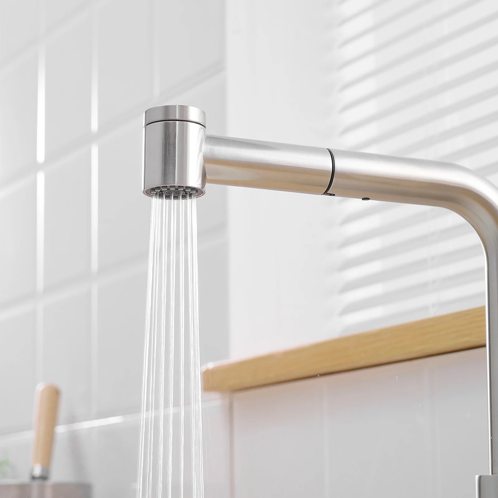 Kitchen, Faucet, Single Handle Faucet, Top Push Button, Spring Pull-Out Sprayer, Ceramic Valve, Black, Nickle