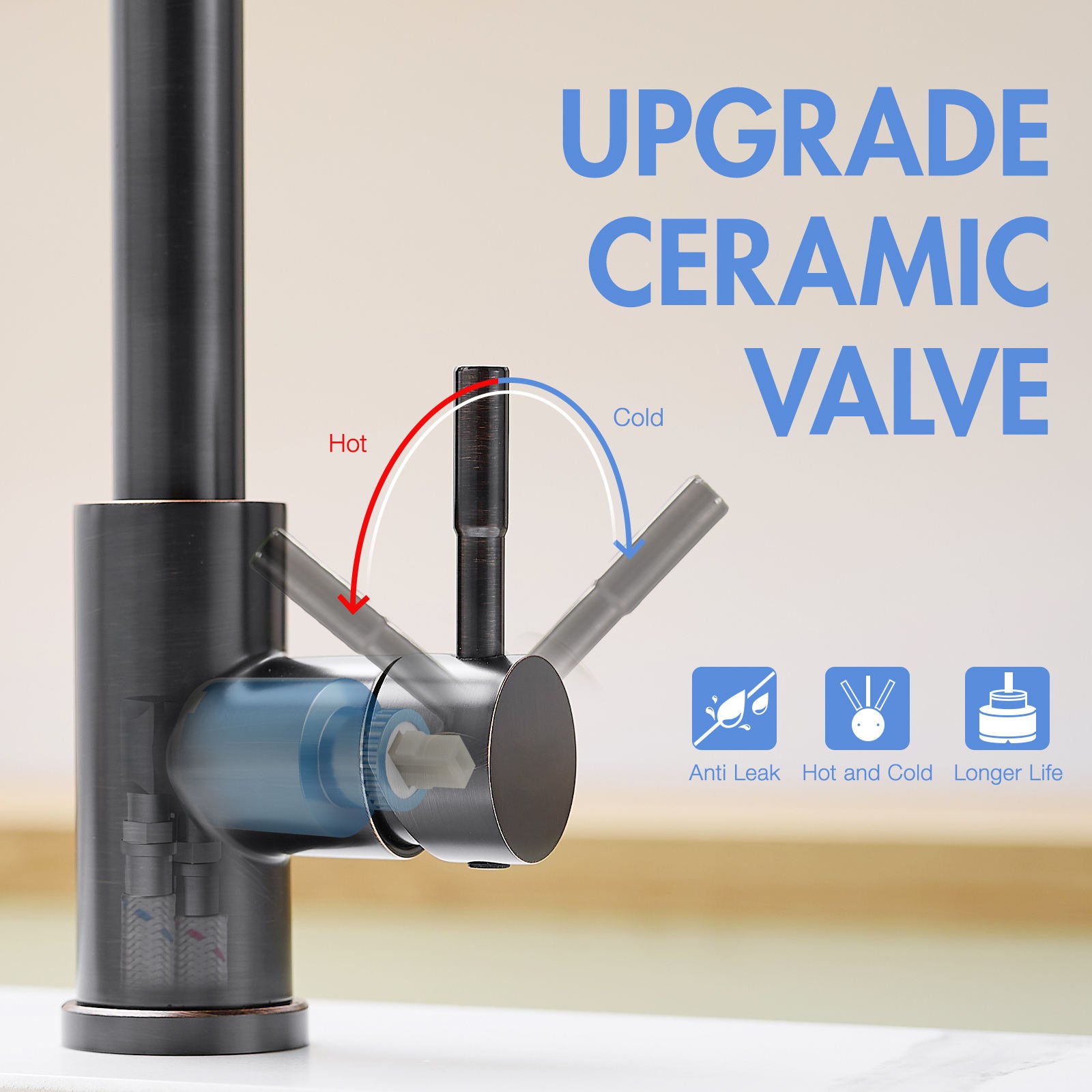 Kitchen, Faucet, Single Handle Faucet, Push Button, T Pull-Out Sprayer, Ceramic Valve, Bronze