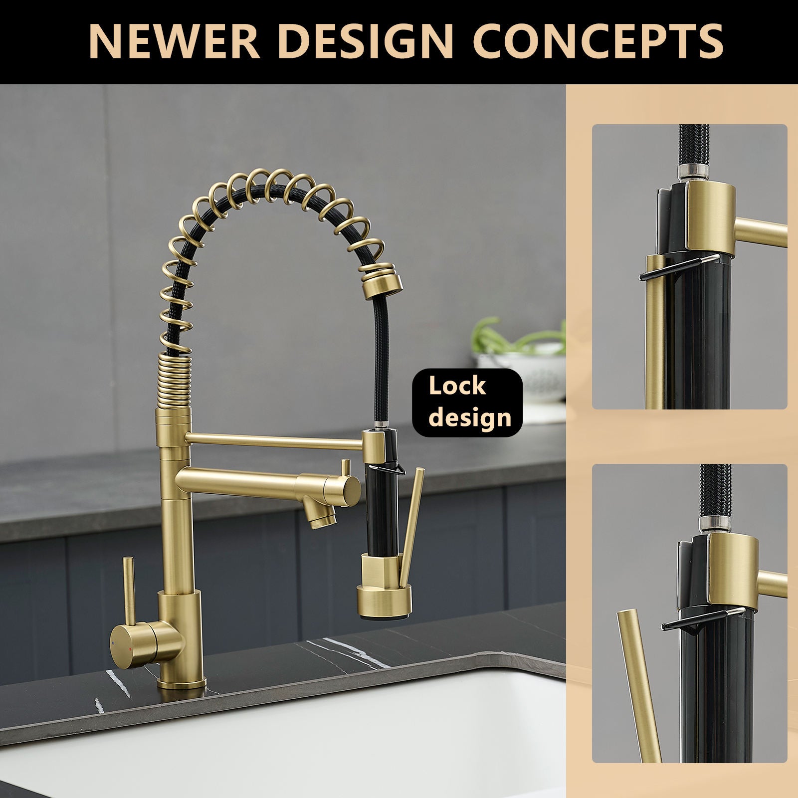 Kitchen, Faucet, Single Handle Faucet, Push Button, Pull-Out Sprayer, two nozzle, Ceramic Valve, Core Sense Faucet, cupc certified, Black, Gold, Nickel