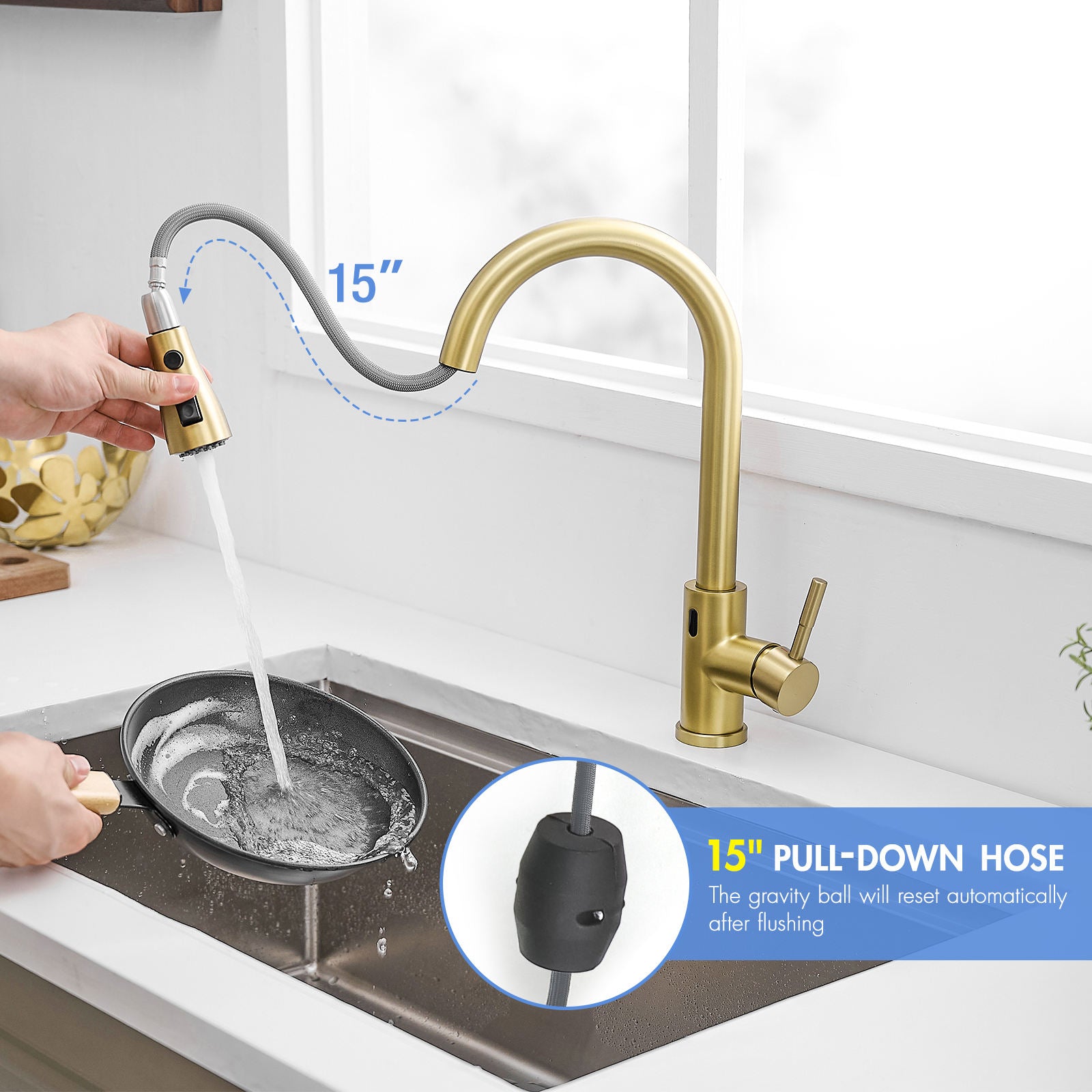 Kitchen, Faucet, Touchless Faucet, Single Handle Faucet, Pull-Out Sprayer, Ceramic Valve, Core Sense Faucet, Nickel Gold