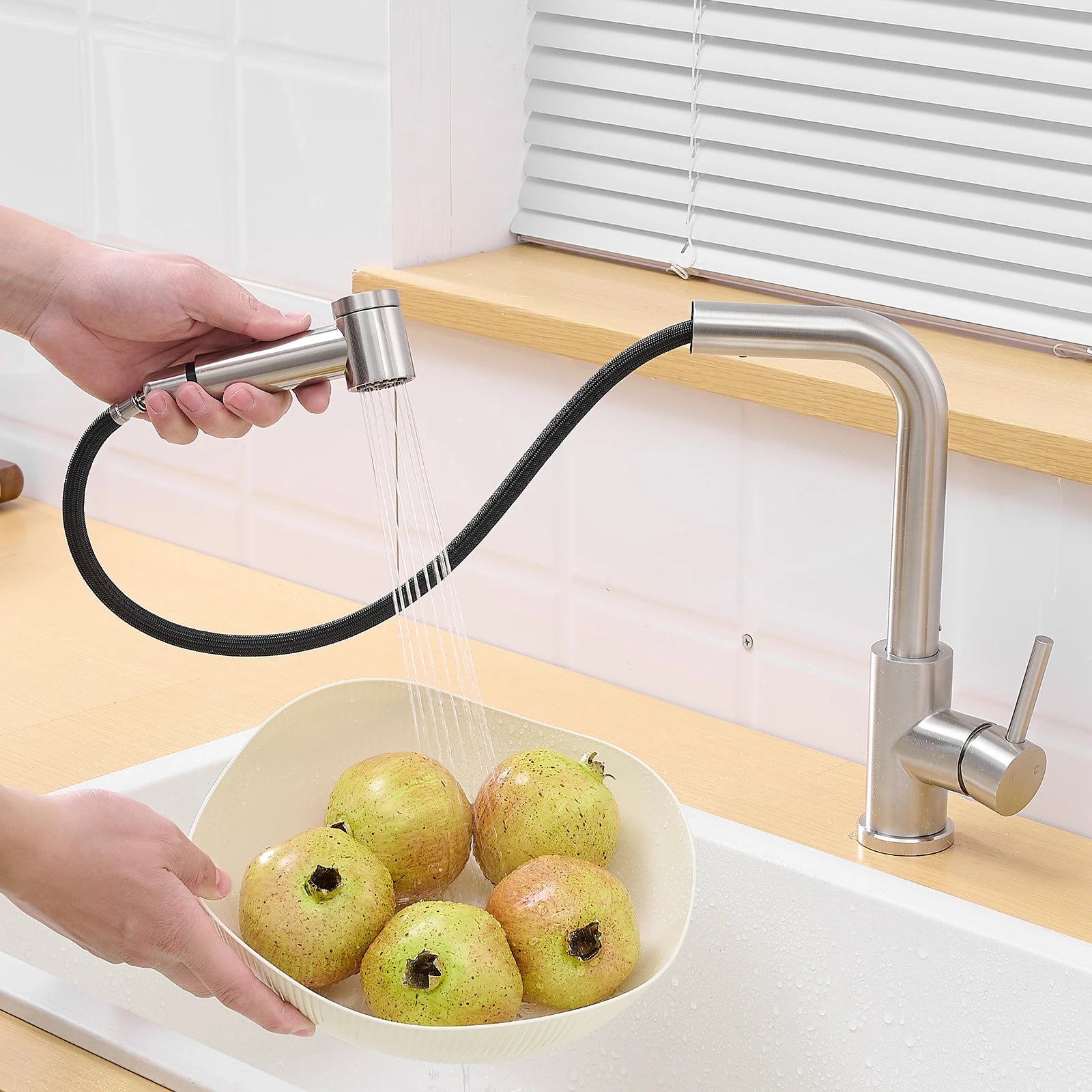 Kitchen, Faucet, Single Handle Faucet, Top Push Button, Spring Pull-Out Sprayer, Ceramic Valve, Black, Nickle