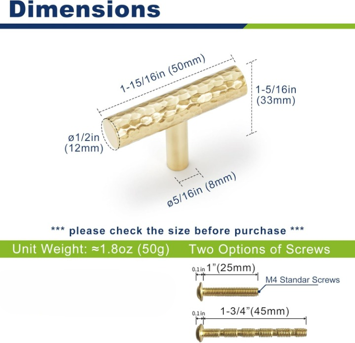 Hammered Cylinder Solid Brass Cabinet Pulls, Gold Kitchen Cabinet Handles, Gold Dresser Drawer Pulls, Modern Furniture Hardware, T-Bar Flat, Single Hole, Brushed Finish (2 or 6 pack) - Luciddepot