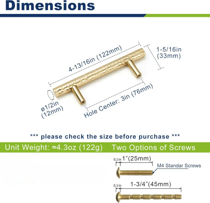 Hammered Cylinder Solid Brass Cabinet Pulls, Gold Kitchen Cabinet Handles, Gold Dresser Drawer Pulls, Modern Furniture Hardware, T-Bar Flat, Single Hole, Brushed Finish (2 or 6 pack) - Luciddepot