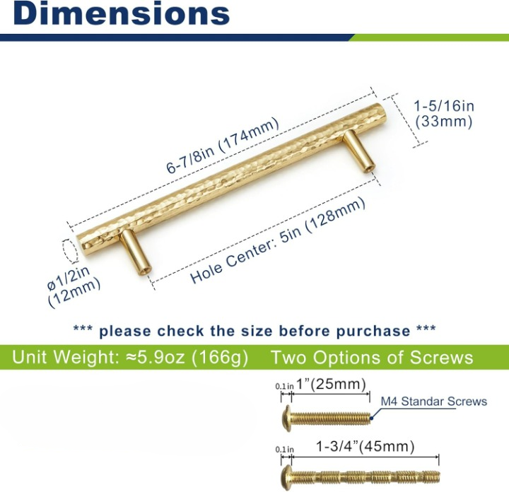 Hammered Cylinder Solid Brass Cabinet Pulls, Gold Kitchen Cabinet Handles, Gold Dresser Drawer Pulls, Modern Furniture Hardware, T-Bar Flat, Single Hole, Brushed Finish (2 or 6 pack) - Luciddepot