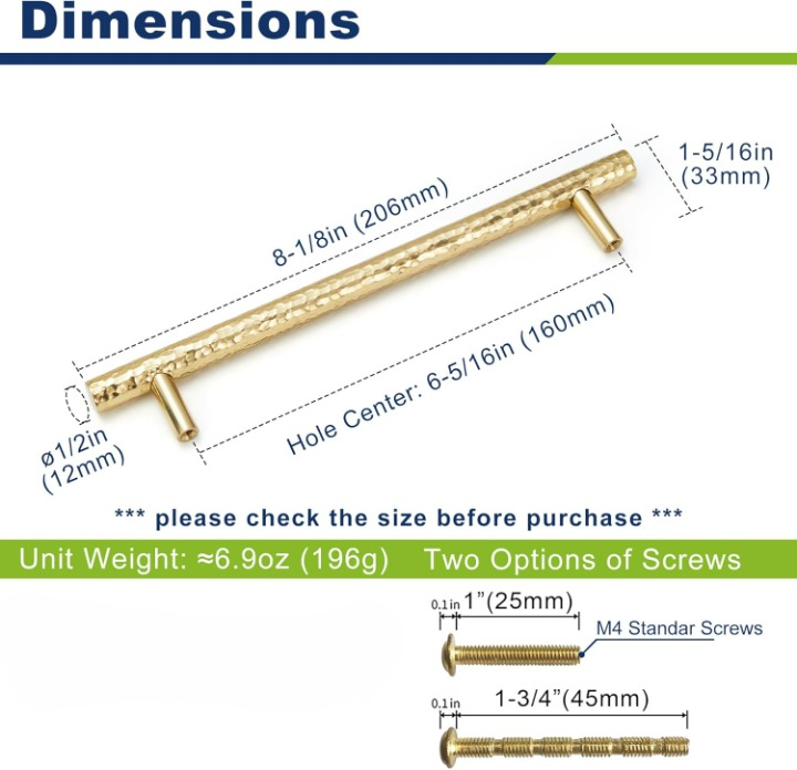 Hammered Cylinder Solid Brass Cabinet Pulls, Gold Kitchen Cabinet Handles, Gold Dresser Drawer Pulls, Modern Furniture Hardware, T-Bar Flat, Single Hole, Brushed Finish (2 or 6 pack) - Luciddepot