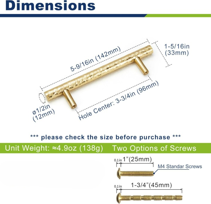 Hammered Cylinder Solid Brass Cabinet Pulls, Gold Kitchen Cabinet Handles, Gold Dresser Drawer Pulls, Modern Furniture Hardware, T-Bar Flat, Single Hole, Brushed Finish (2 or 6 pack) - Luciddepot