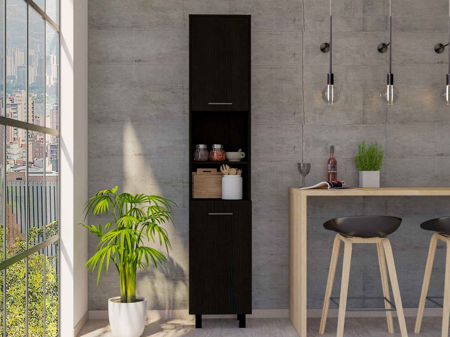 Ikaria Kitchen Pantry, Two Shelves, Three Interior, Shelves, Black