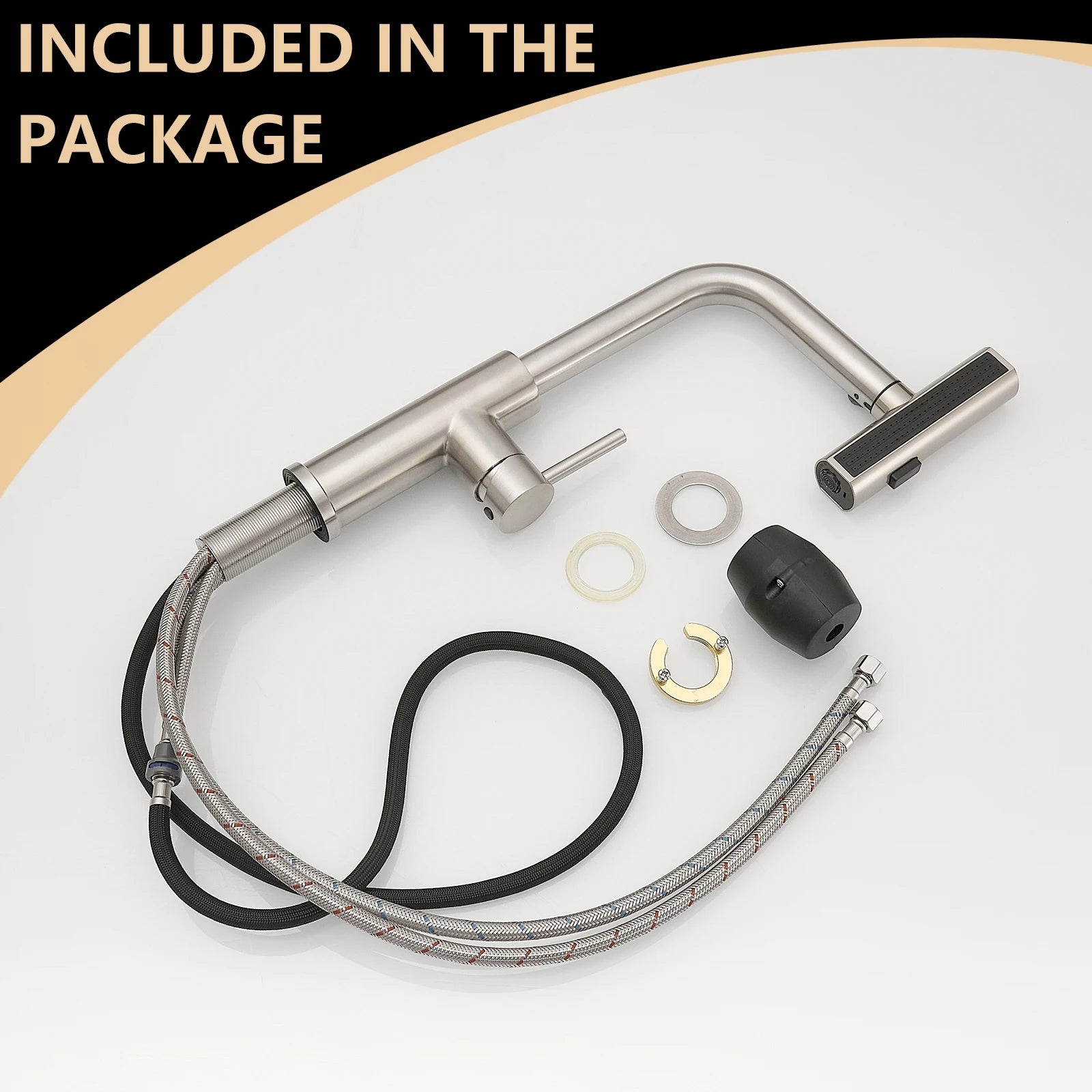 Kitchen, Faucet, Single Handle Faucet, Push Button, T Pull-Out Sprayer, Ceramic Valve, Nickle, Black, Gold