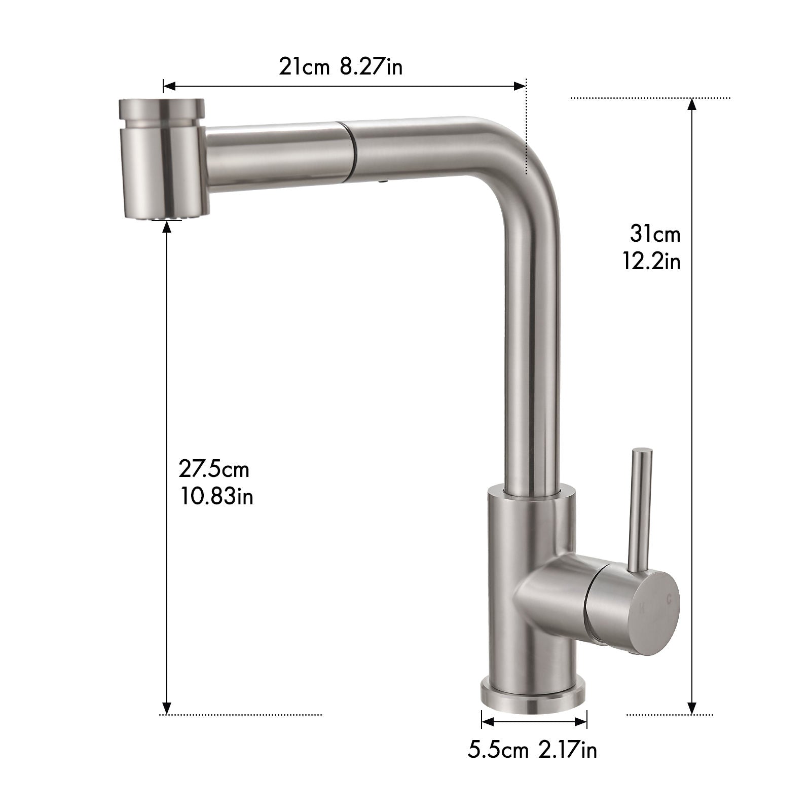 Kitchen, Faucet, Single Handle Faucet, Top Push Button, Spring Pull-Out Sprayer, Ceramic Valve, Black, Nickle