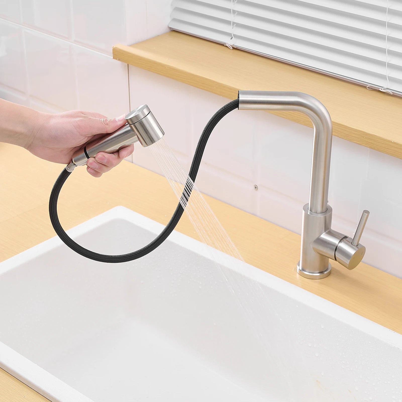 Kitchen, Faucet, Single Handle Faucet, Top Push Button, Spring Pull-Out Sprayer, Ceramic Valve, Black, Nickle