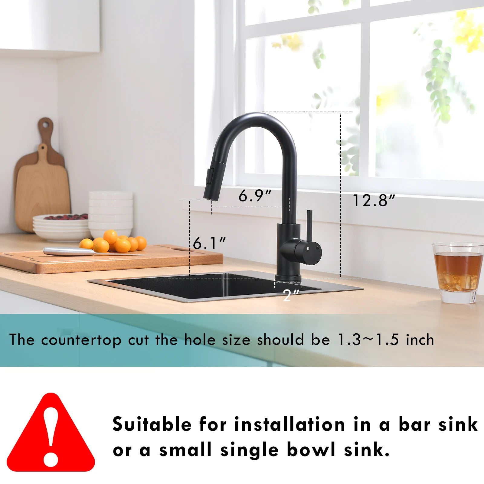 Kitchen, Faucet, Single Handle Faucet, Flat Button, Spring Pull-Out Sprayer, Ceramic Valve, Black, Nickle