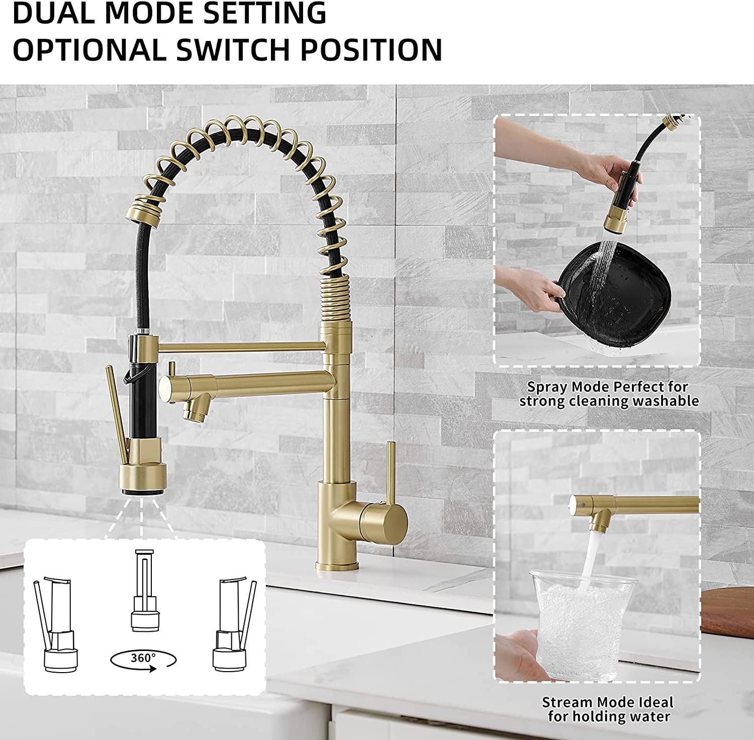 Kitchen, Faucet, Single Handle Faucet, Contemporary, Push Button, Pull-Out Sprayer, two nozzle, Ceramic Valve, Core Sense Faucet, Gold
