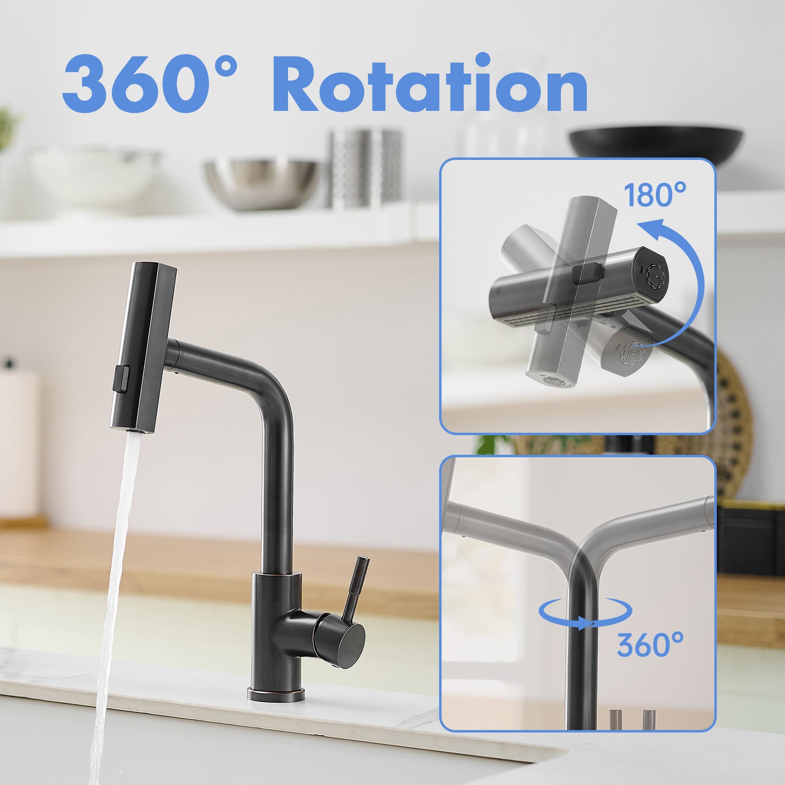 Kitchen, Faucet, Single Handle Faucet, Push Button, T Pull-Out Sprayer, Ceramic Valve, Bronze