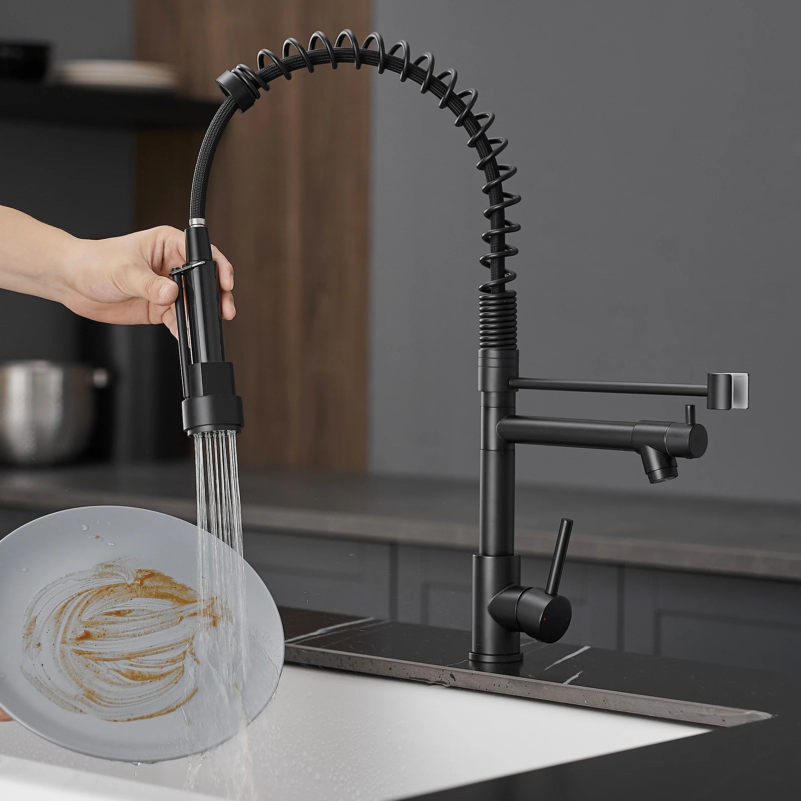 Kitchen, Faucet, Single Handle Faucet, Push Button, Pull-Out Sprayer, two nozzle, Ceramic Valve, Core Sense Faucet, cupc certified, Black, Gold, Nickel