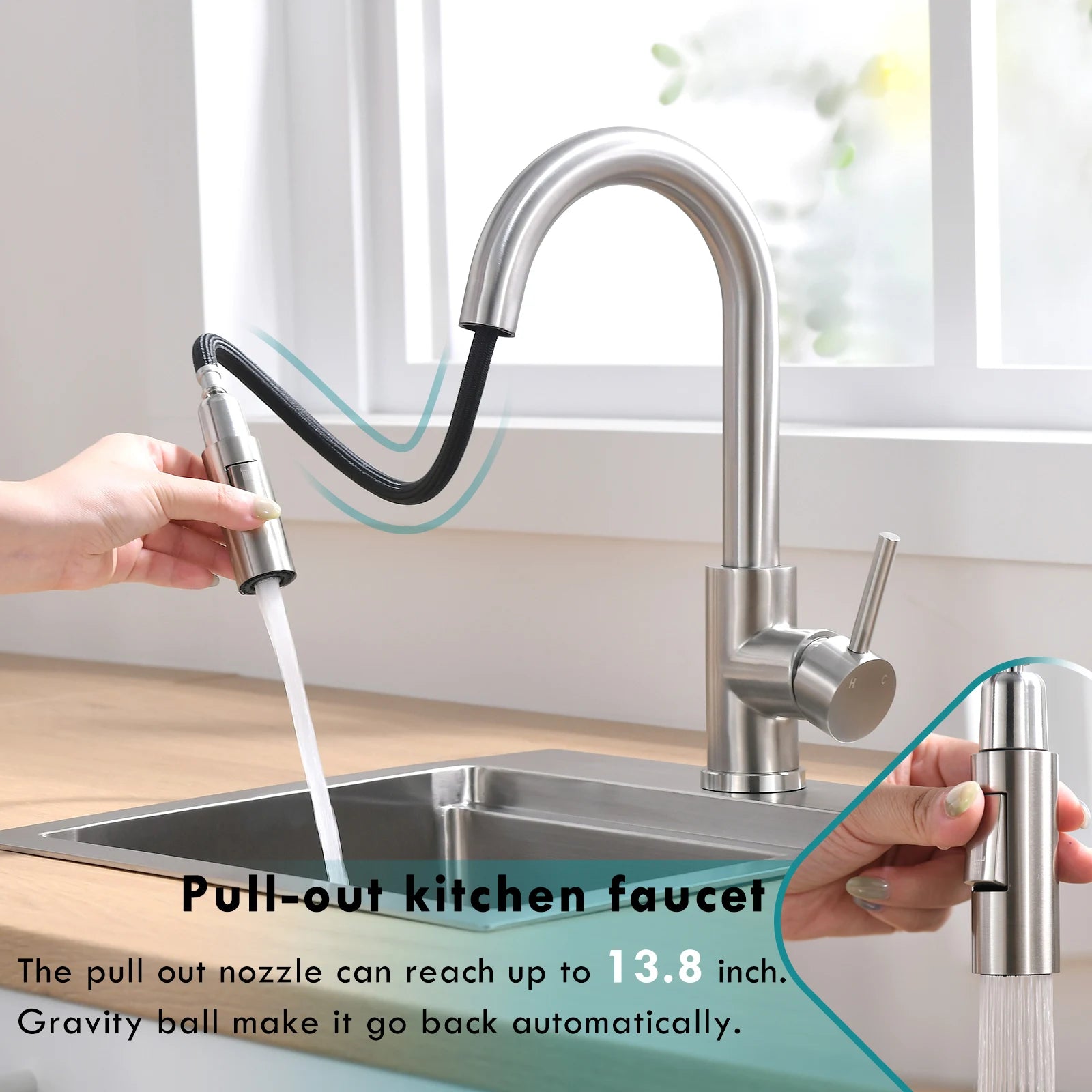 Kitchen, Faucet, Single Handle Faucet, Flat Button, Spring Pull-Out Sprayer, Ceramic Valve, Black, Nickle