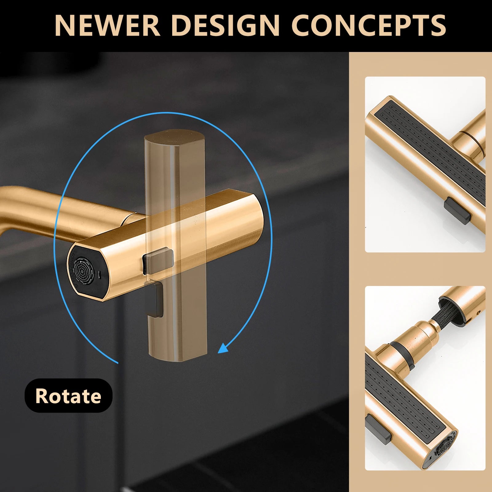 Kitchen, Faucet, Single Handle Faucet, Push Button, T Pull-Out Sprayer, Ceramic Valve, Nickle, Black, Gold