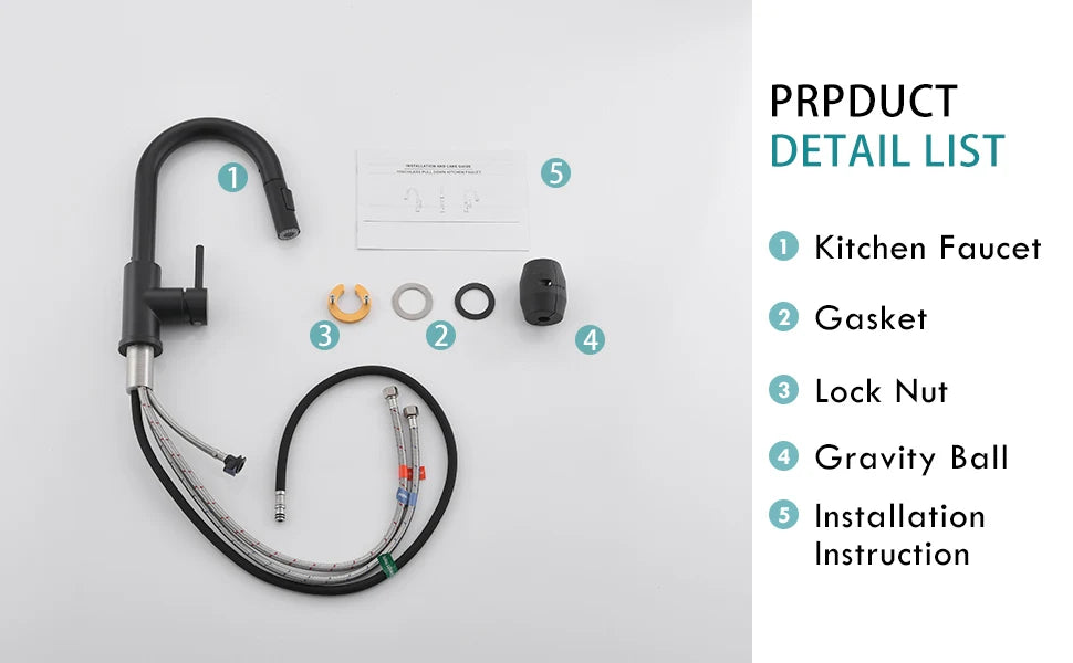 Kitchen, Faucet, Single Handle Faucet, Flat Button, Spring Pull-Out Sprayer, Ceramic Valve, Black, Nickle