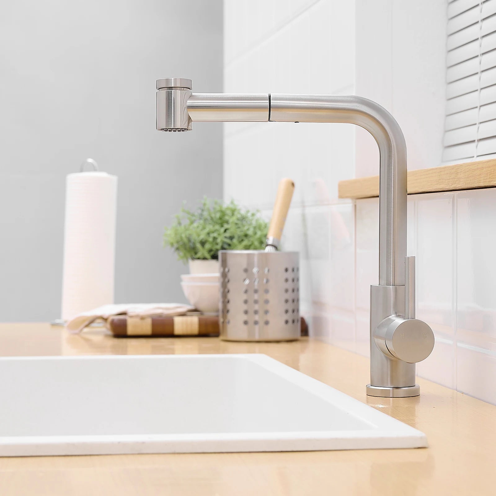 Kitchen, Faucet, Single Handle Faucet, Top Push Button, Spring Pull-Out Sprayer, Ceramic Valve, Black, Nickle