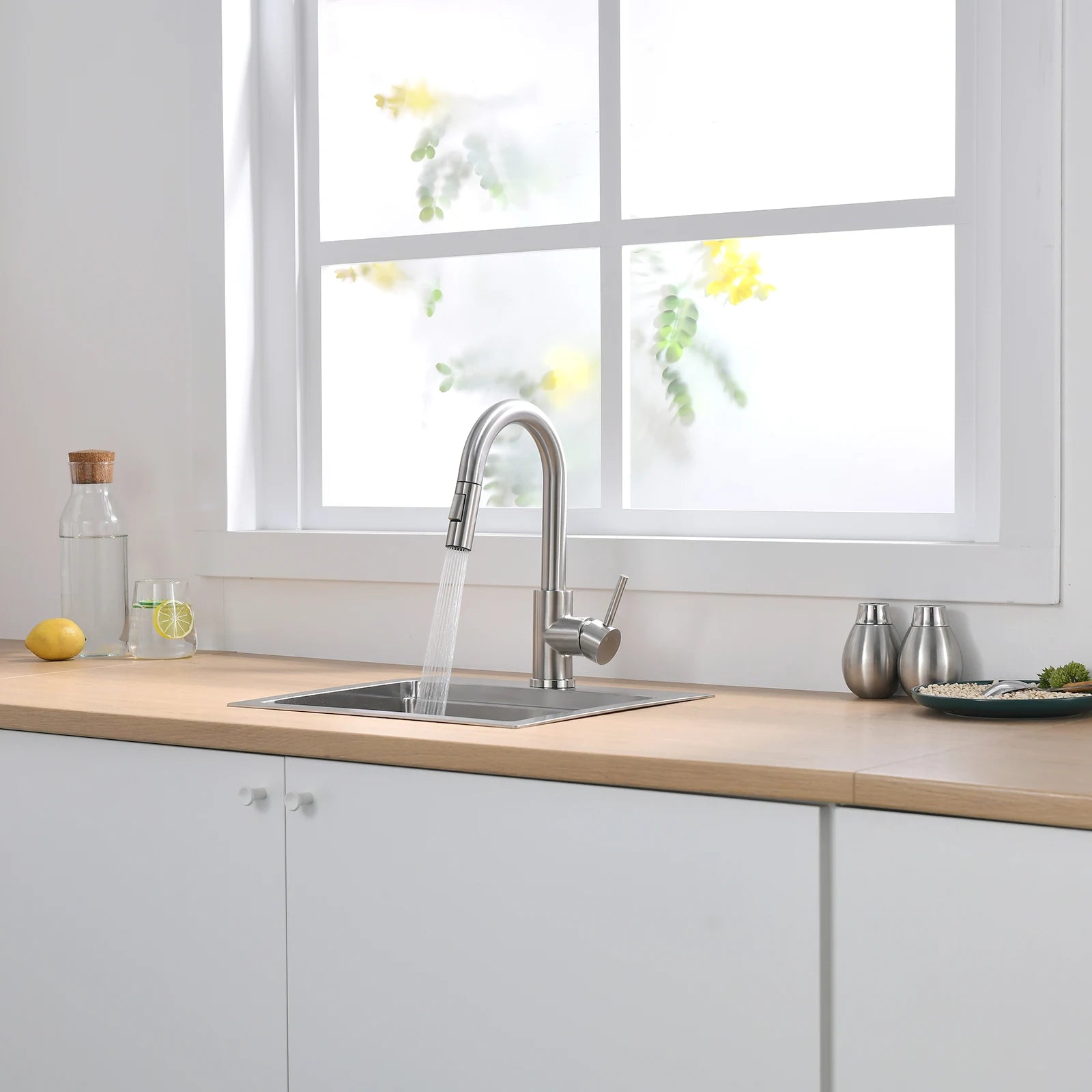 Kitchen, Faucet, Single Handle Faucet, Flat Button, Spring Pull-Out Sprayer, Ceramic Valve, Black, Nickle