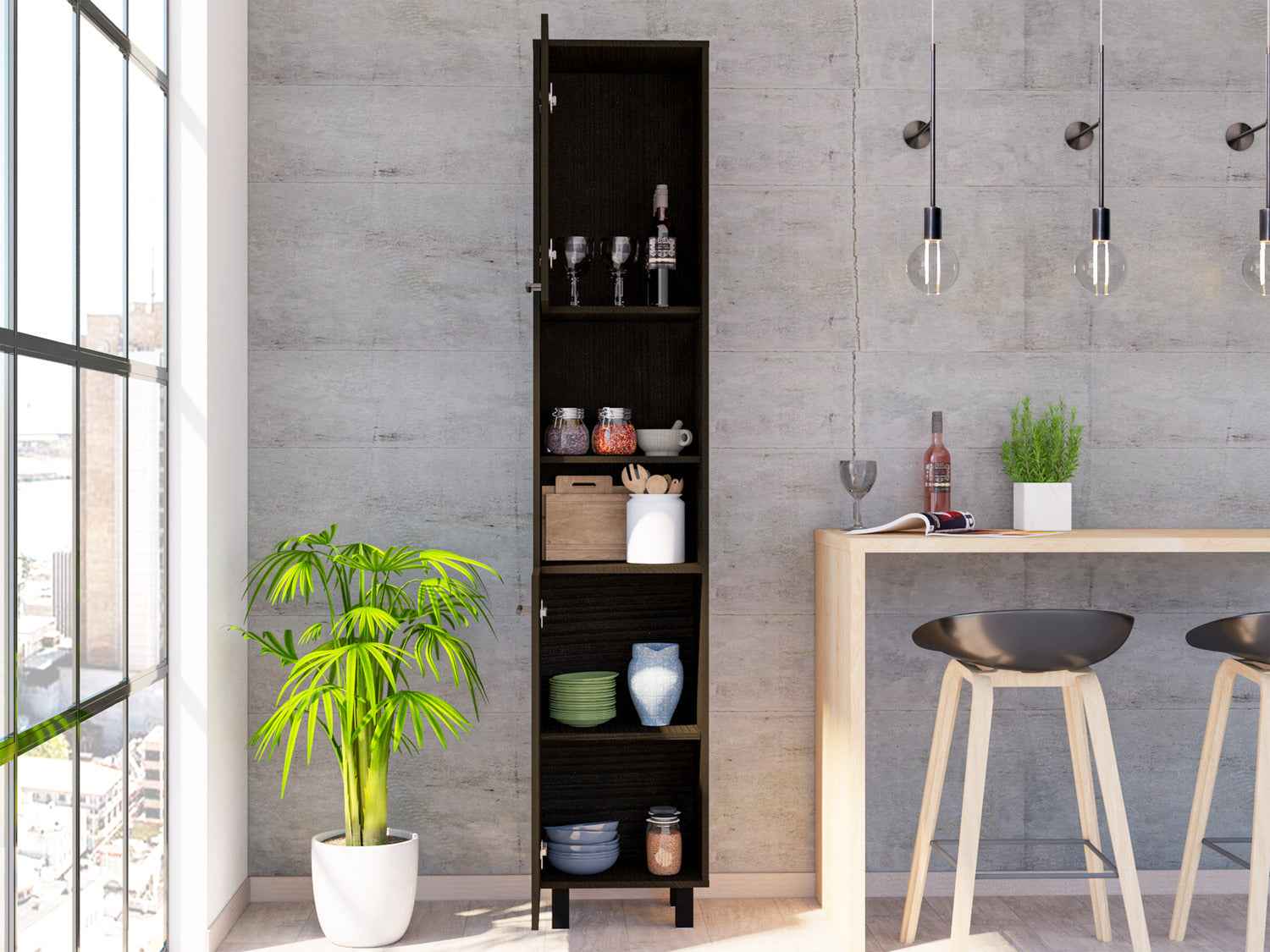 Ikaria Kitchen Pantry, Two Shelves, Three Interior, Shelves, Black