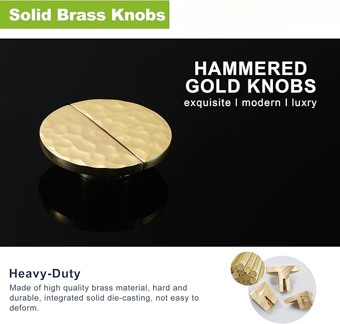 Hammered Gold Kitchen Cabinet Knobs, Solid Brass Knobs for Dresser Drawer, Minimalist Bathroom Cabinet Pulls, Modern Furniture Hardware, Brushed Finish (Semicircle/Round/Mushroom) - Luciddepot