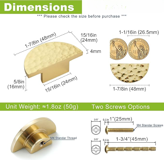 Hammered Gold Kitchen Cabinet Knobs, Solid Brass Knobs for Dresser Drawer, Minimalist Bathroom Cabinet Pulls, Modern Furniture Hardware, Brushed Finish (Semicircle/Round/Mushroom) - Luciddepot