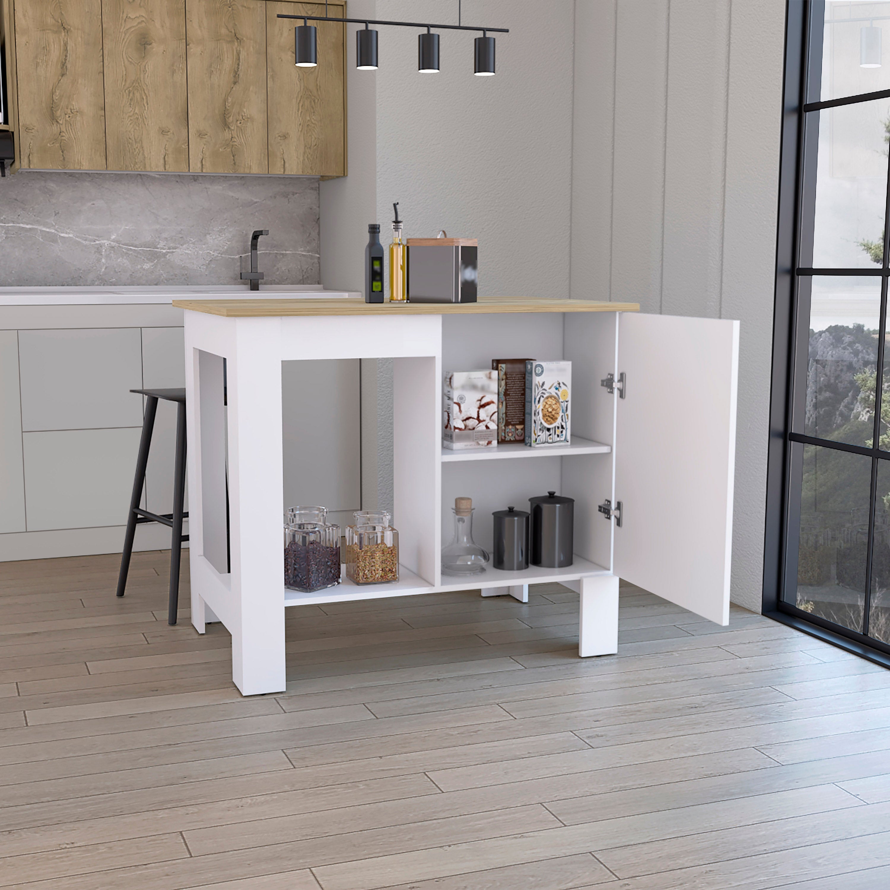 Caddo Kitchen Island with Storage and Cabinet, White / Macadamia - Luciddepo