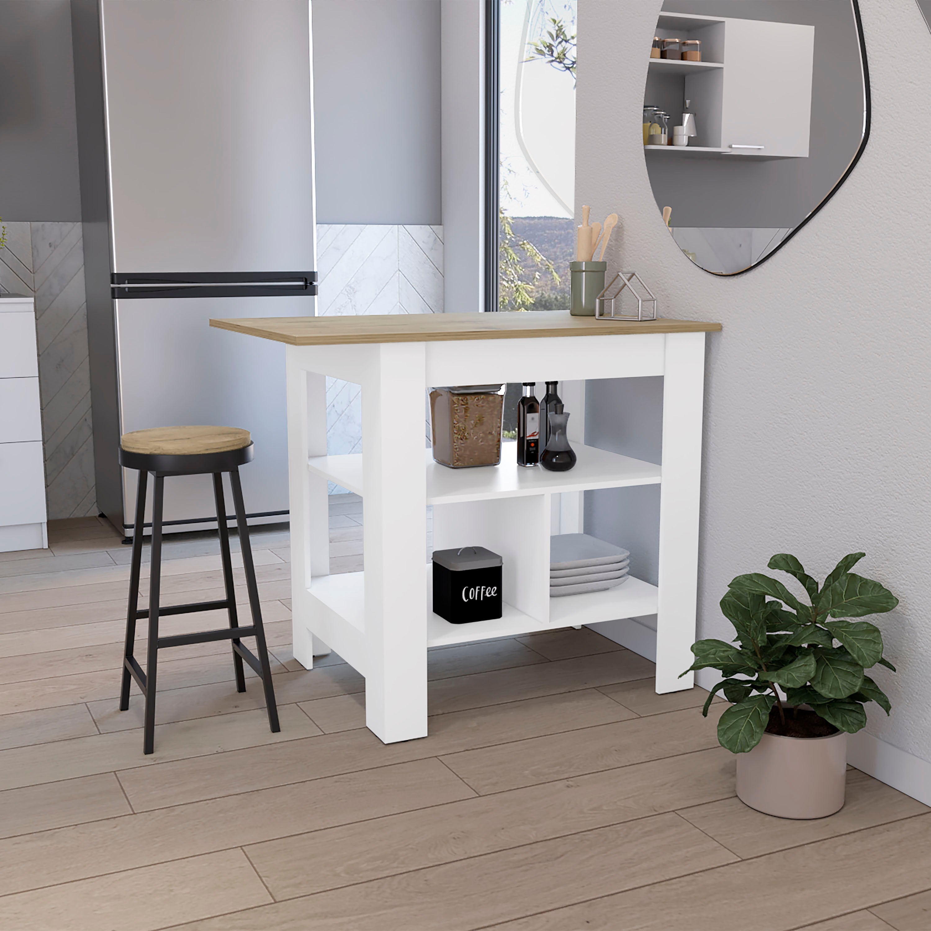 Finley Kitchen Island with Counter Space, White / Macadamia - Luciddepo