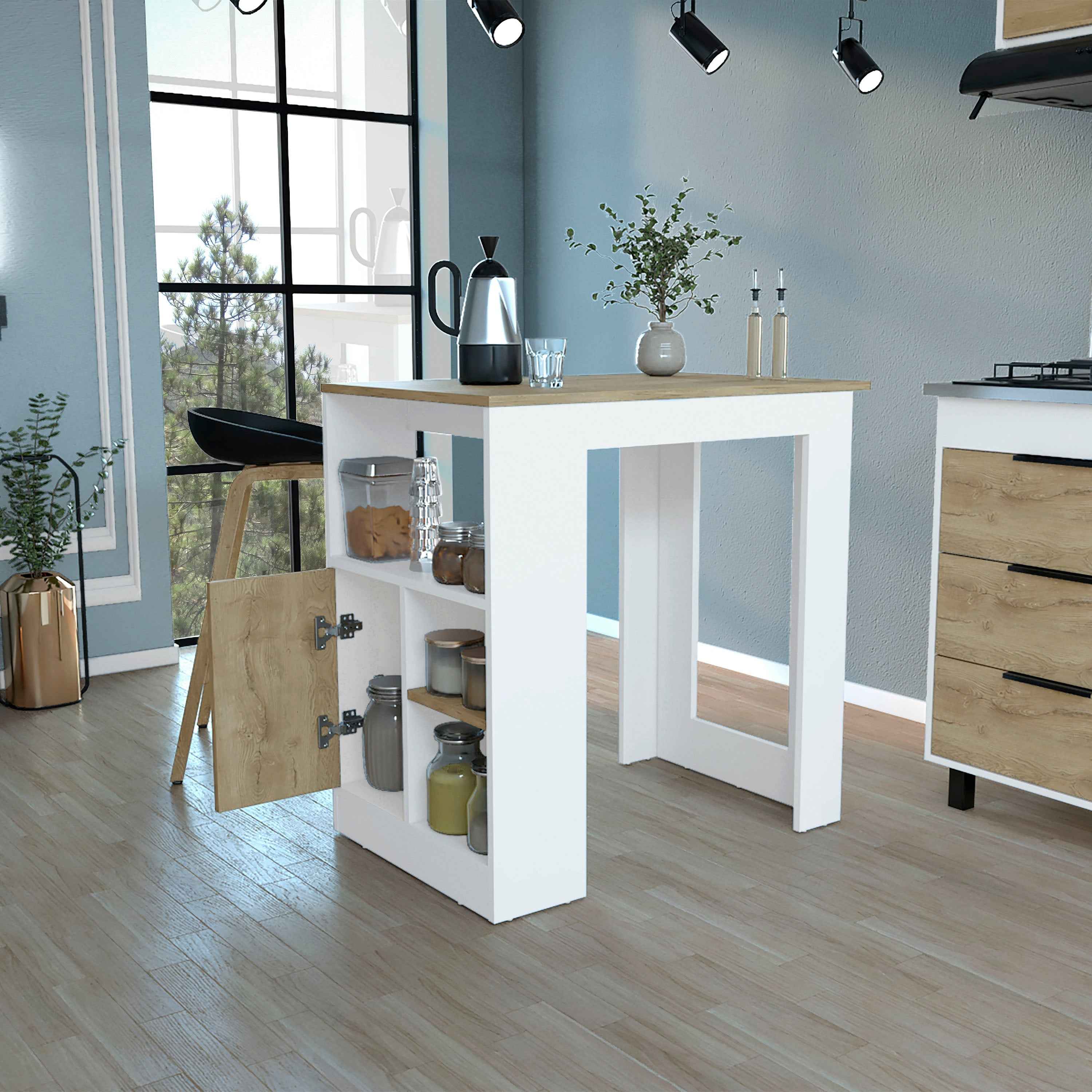 Masset Kitchen Island with Side Shelves and Push-to-Open Cabinet, White/Macadamia