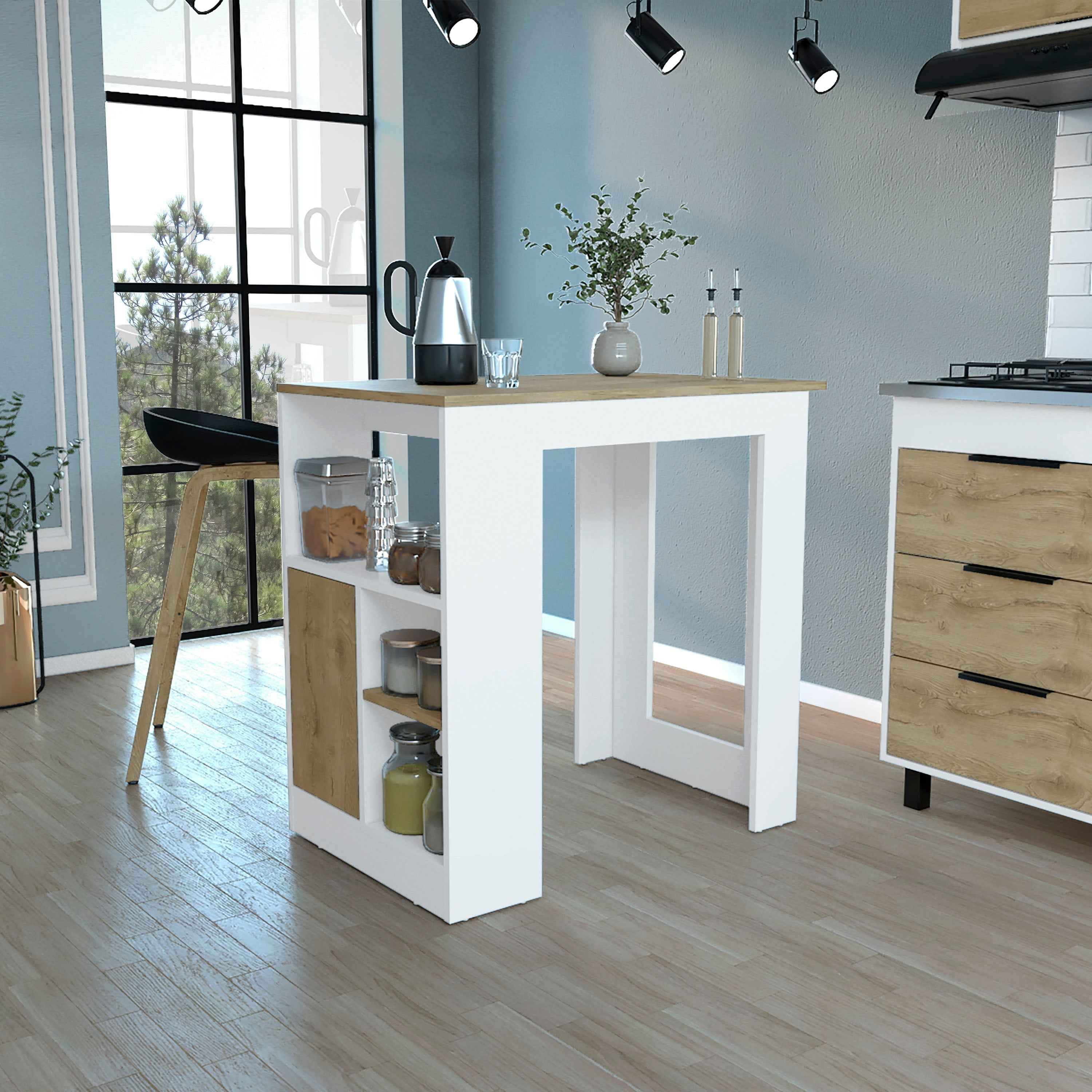 Masset Kitchen Island with Side Shelves and Push-to-Open Cabinet, White/Macadamia