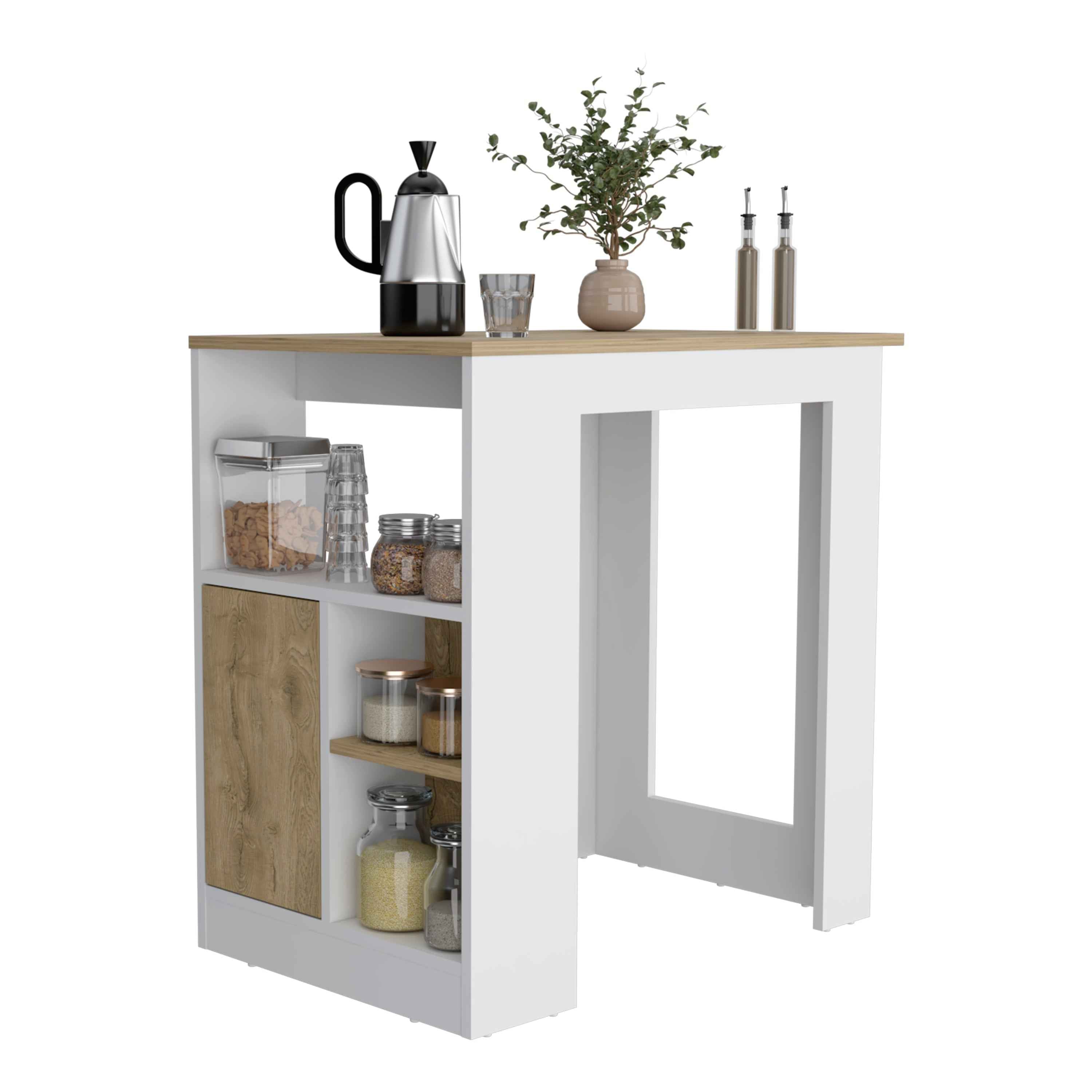 Masset Kitchen Island with Side Shelves and Push-to-Open Cabinet, White/Macadamia
