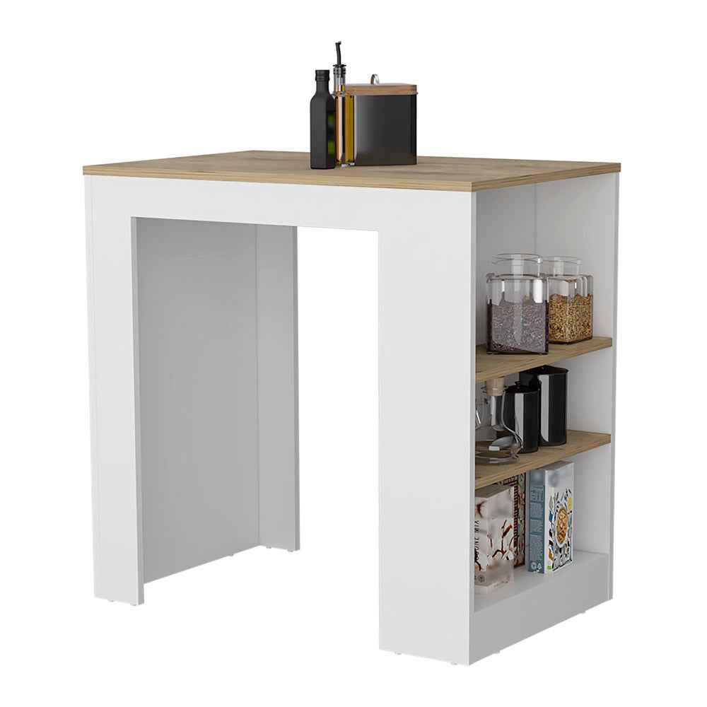 Lacour Kitchen Island, Kitchen Bar Table with 3-Side Shelves, White / Macadamia