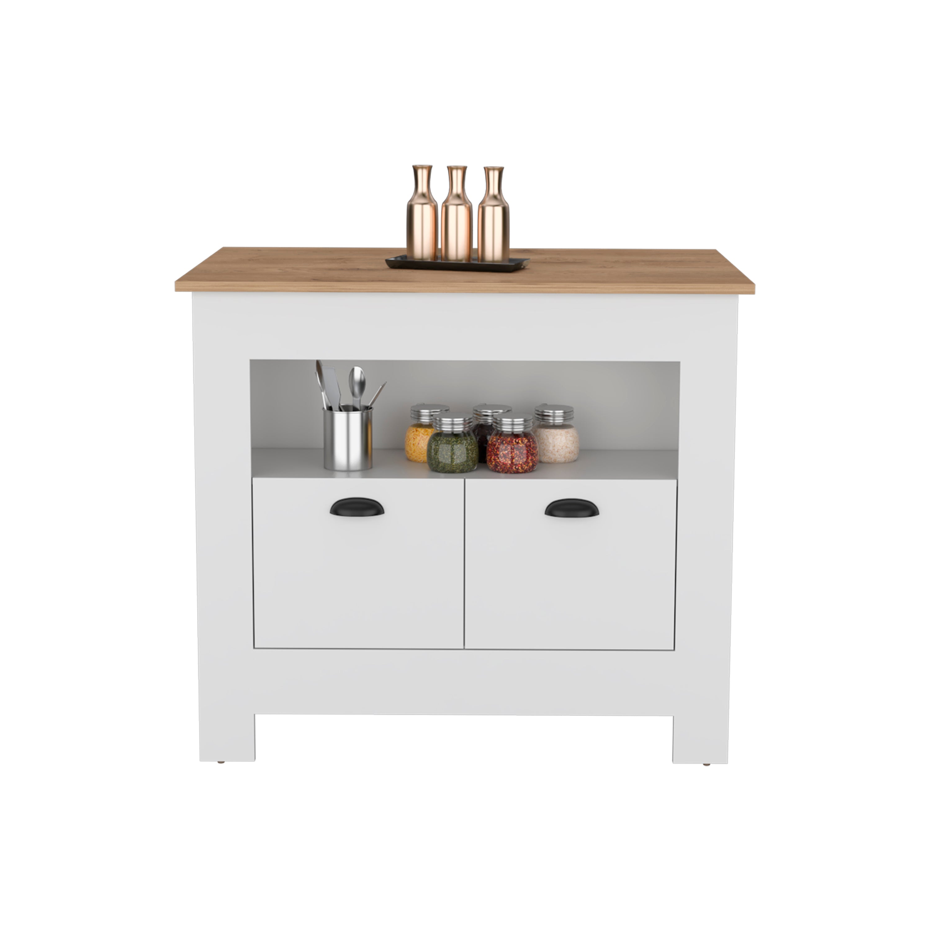 Floyd 35" H Kitchen Island, whit  2 doors, 3 shelves, White/Macadamia - Luciddepo