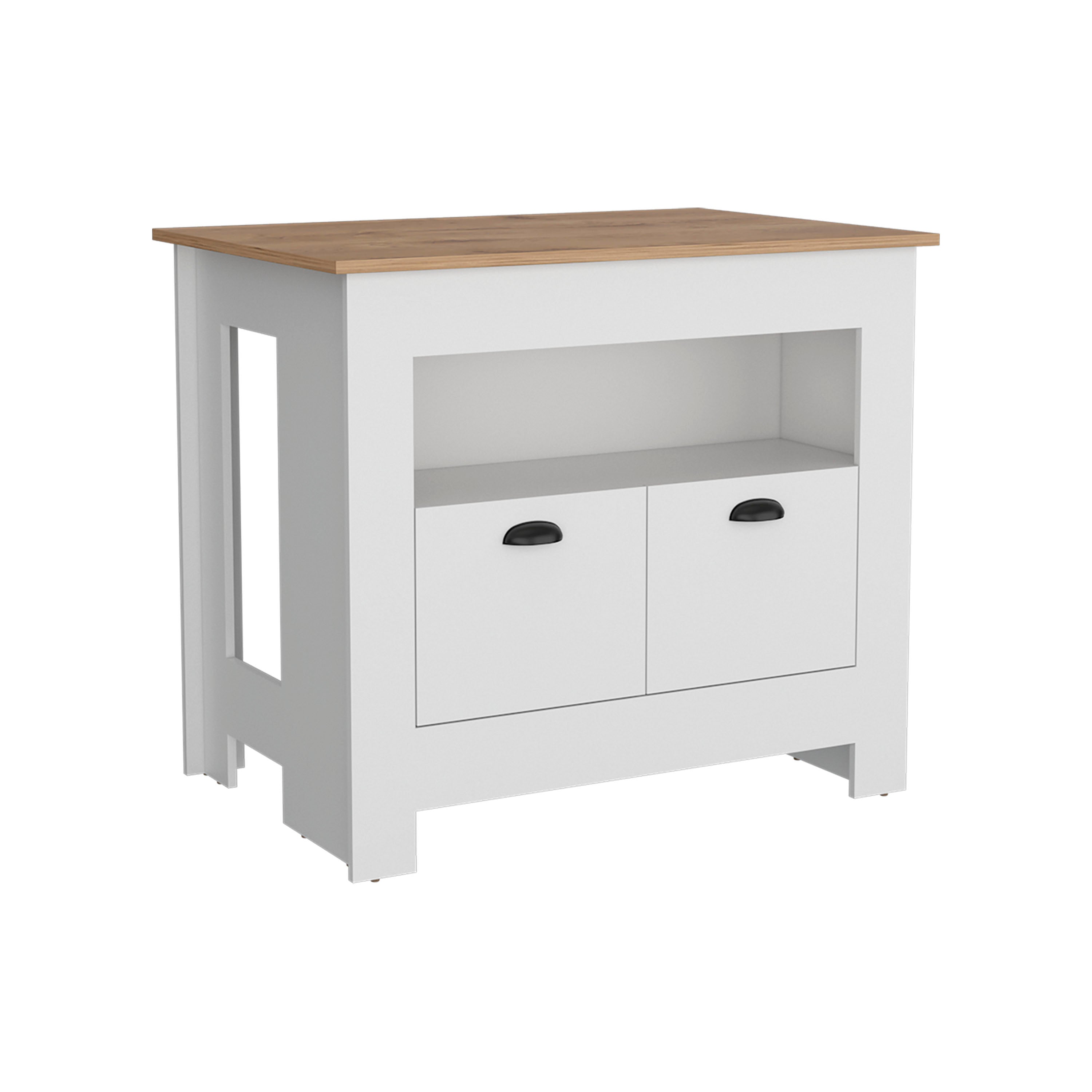 Floyd 35" H Kitchen Island, whit  2 doors, 3 shelves, White/Macadamia - Luciddepo