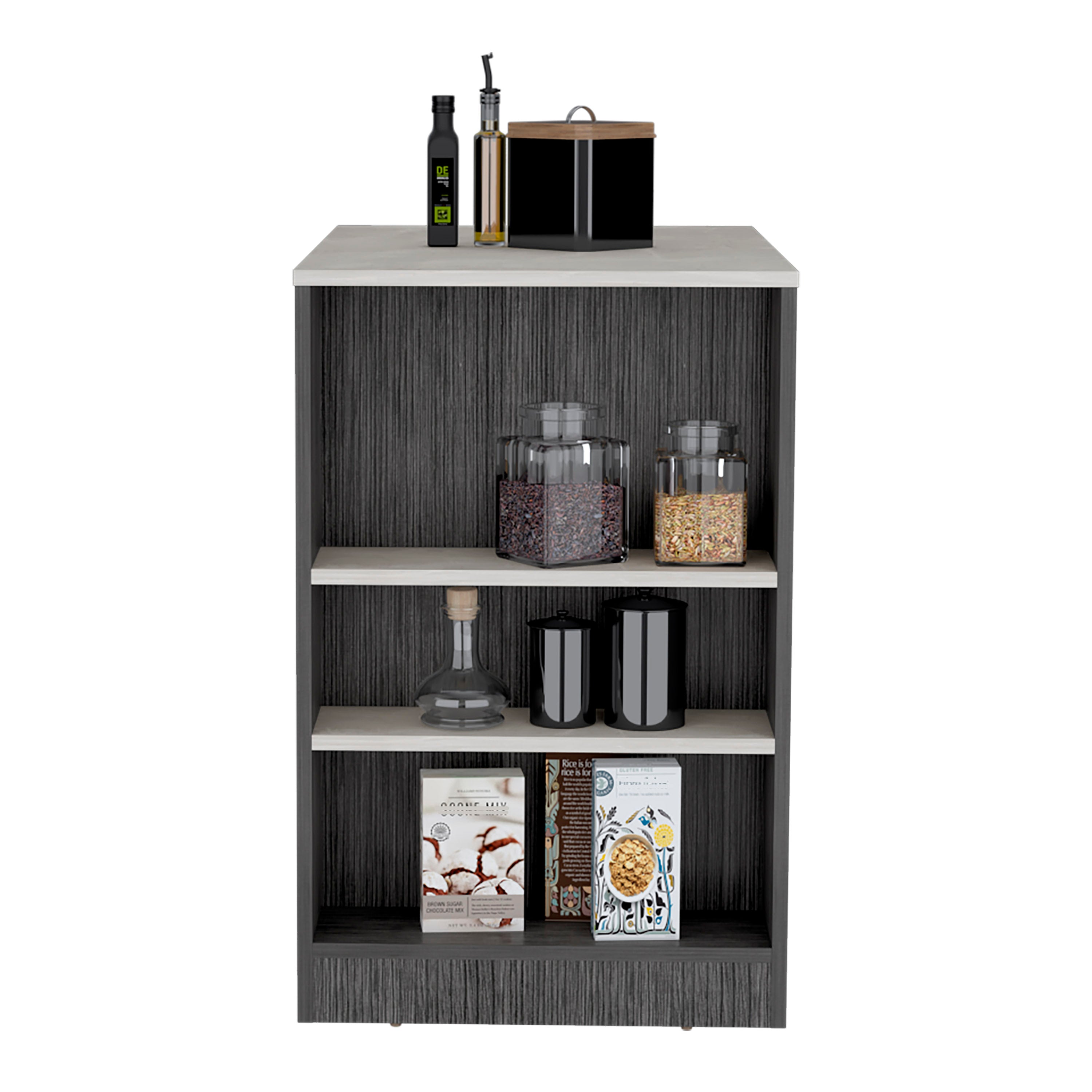 Lacour Kitchen Island, Kitchen Bar Table with 3-Side Shelves, Smokey Oak / Ibiza Marble Color Finish - Luciddepo