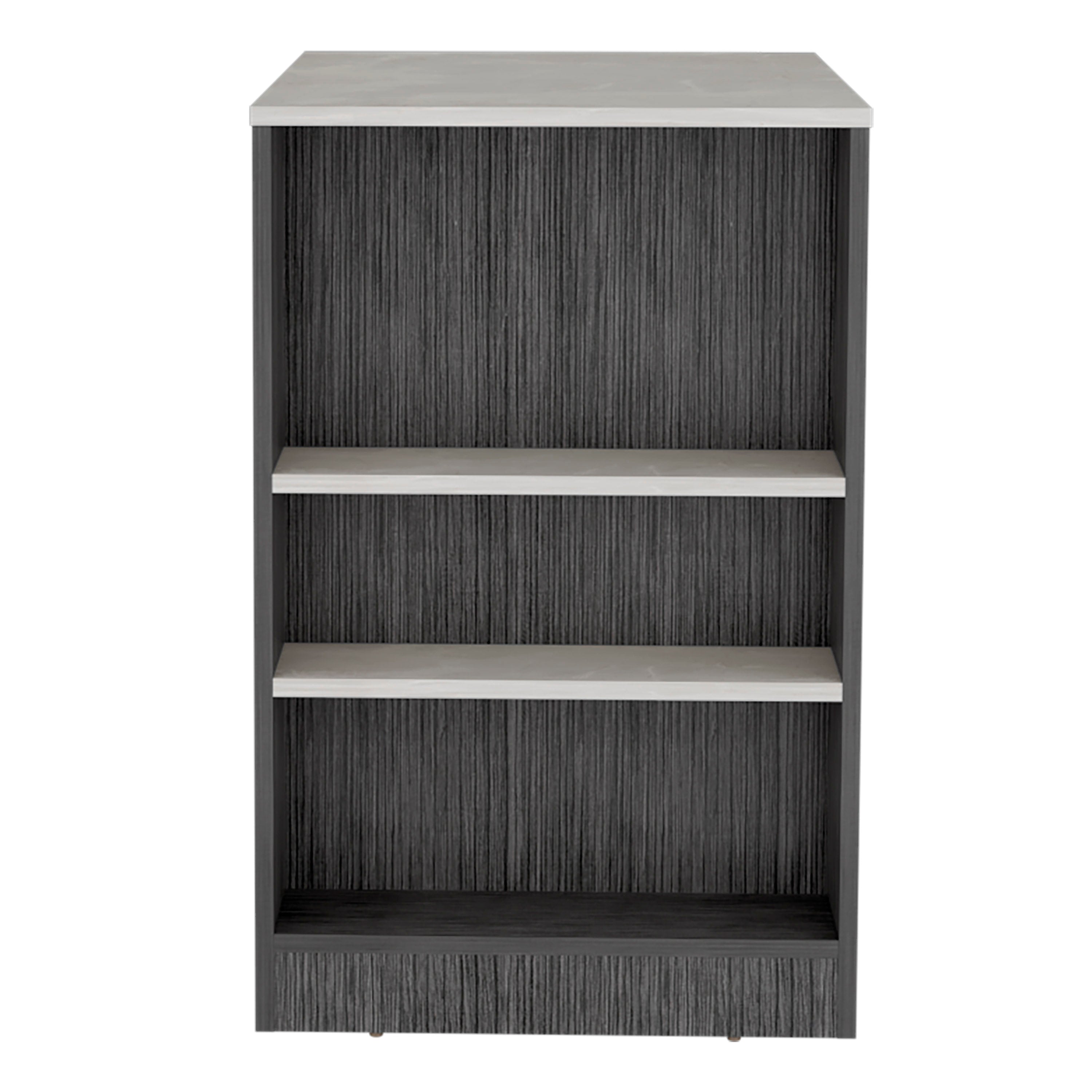 Lacour Kitchen Island, Kitchen Bar Table with 3-Side Shelves, Smokey Oak / Ibiza Marble Color Finish - Luciddepo