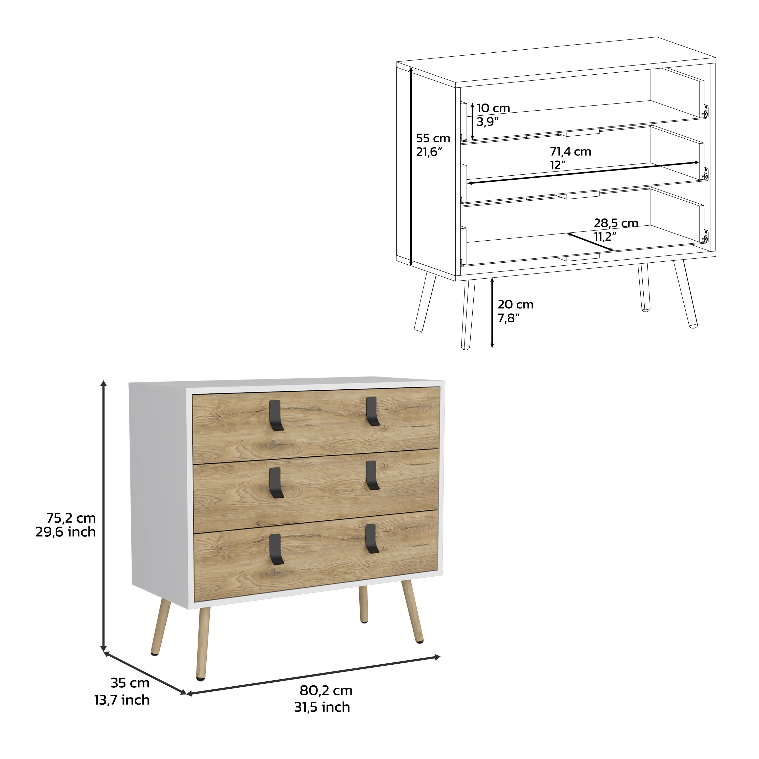 Toka 3 Drawers Dresser with Handles and Wooden Legs, White / Macadamia - Luciddepo
