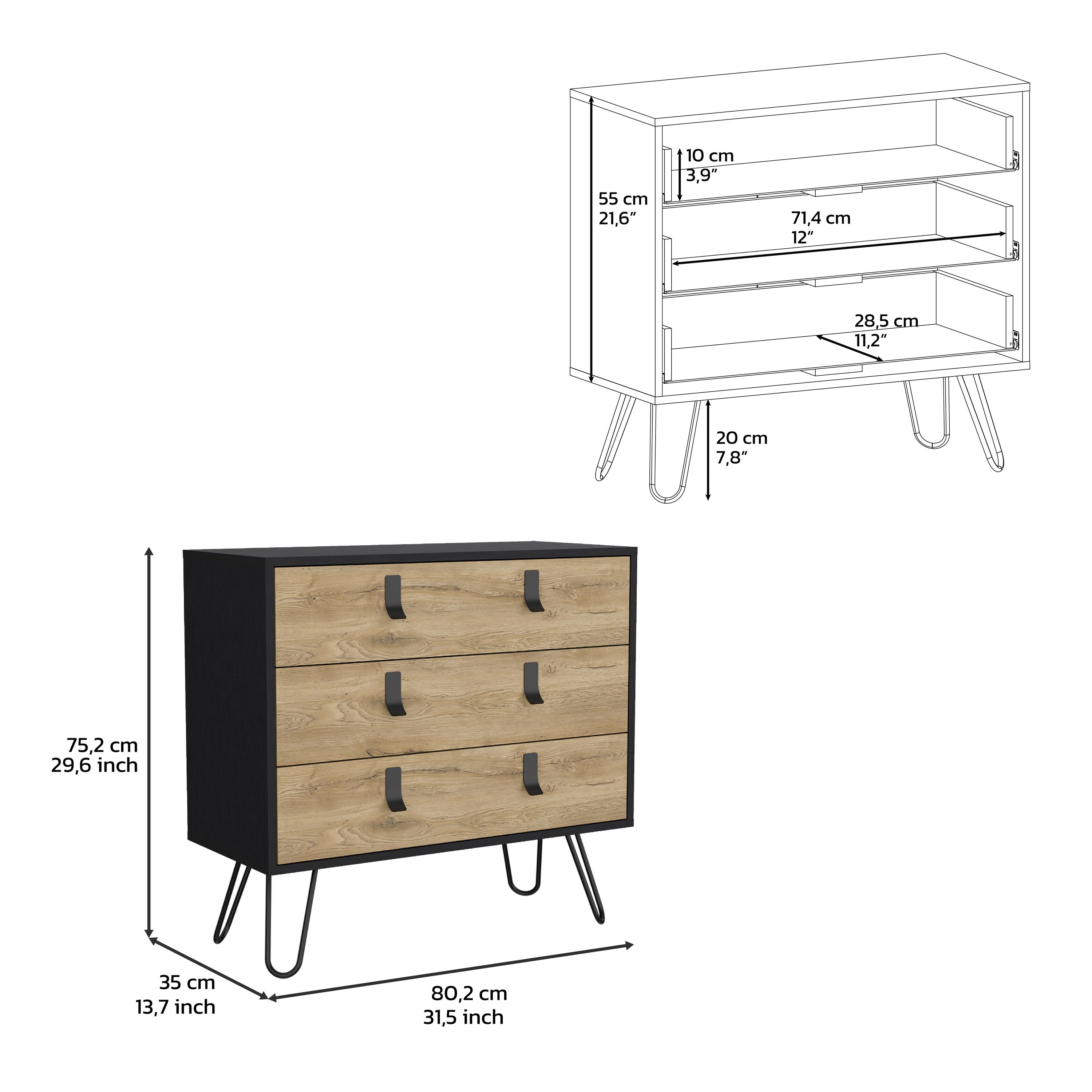 Huna 3-Drawer Dresser, Modern Chest of Drawers with Hairpin Legs and Metal Accents, Black / Macadamia - Luciddepo