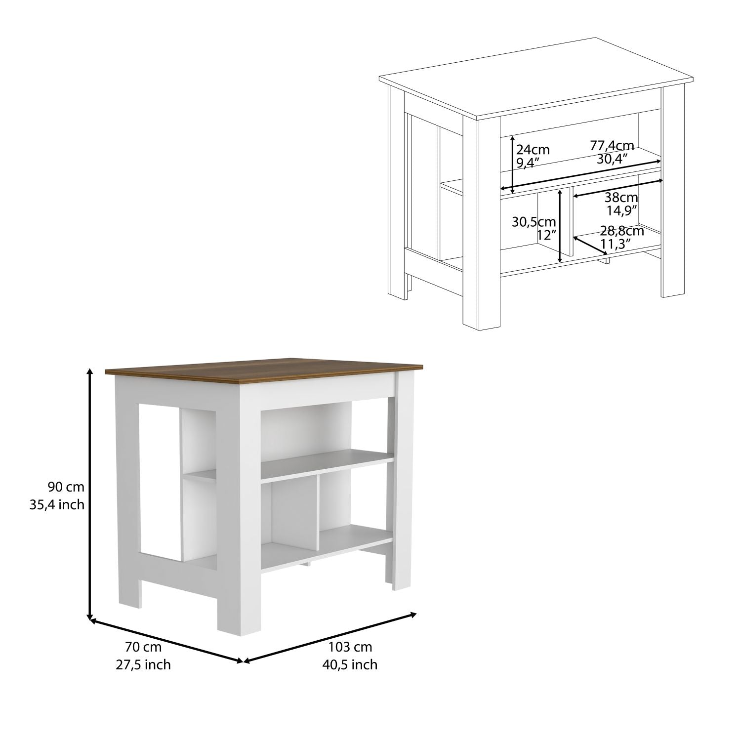 Delos Kitchen Island, Four Legs, Three Shelves, White / Walnut - Luciddepo