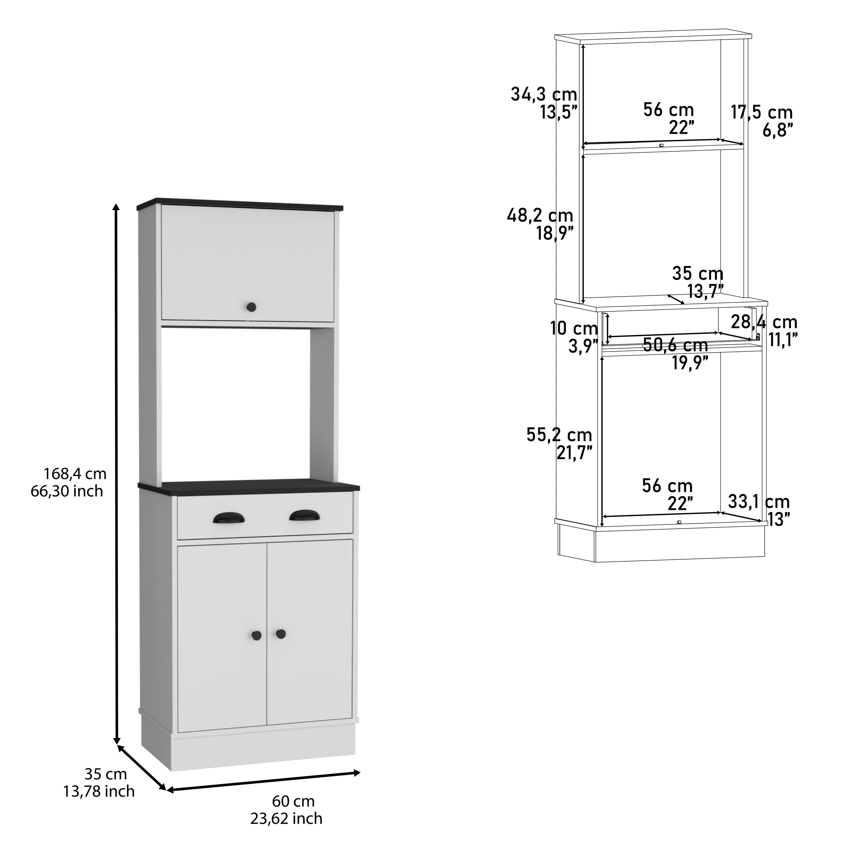 Apex 66.3" H Kitchen Pantry with Drawer, 2 Cabinets, and Microwave Stand, White/Black - Luciddepo