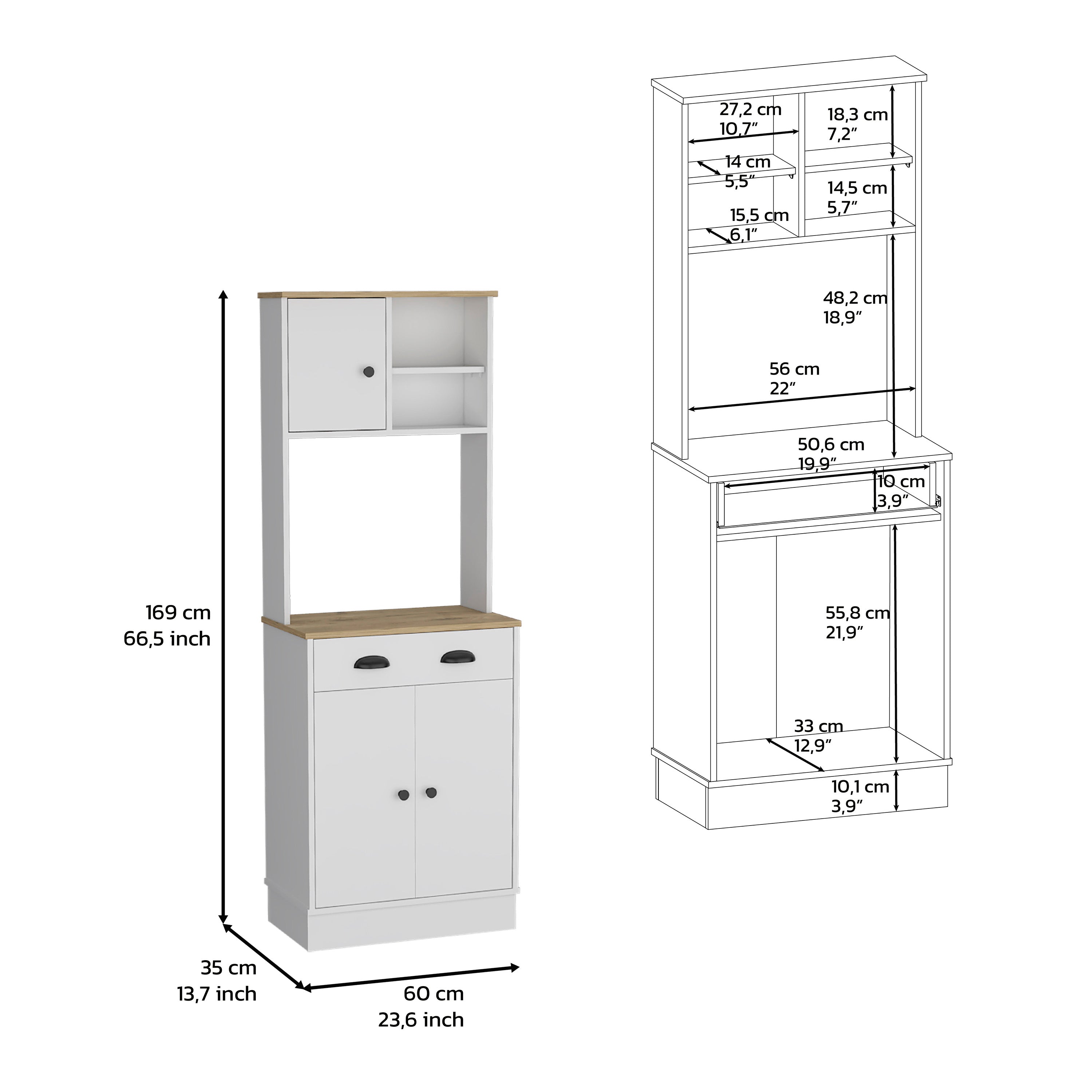 Selmer Pantry Cabinet with Drawer and 3-Doors, White / Macadamia - Luciddepo