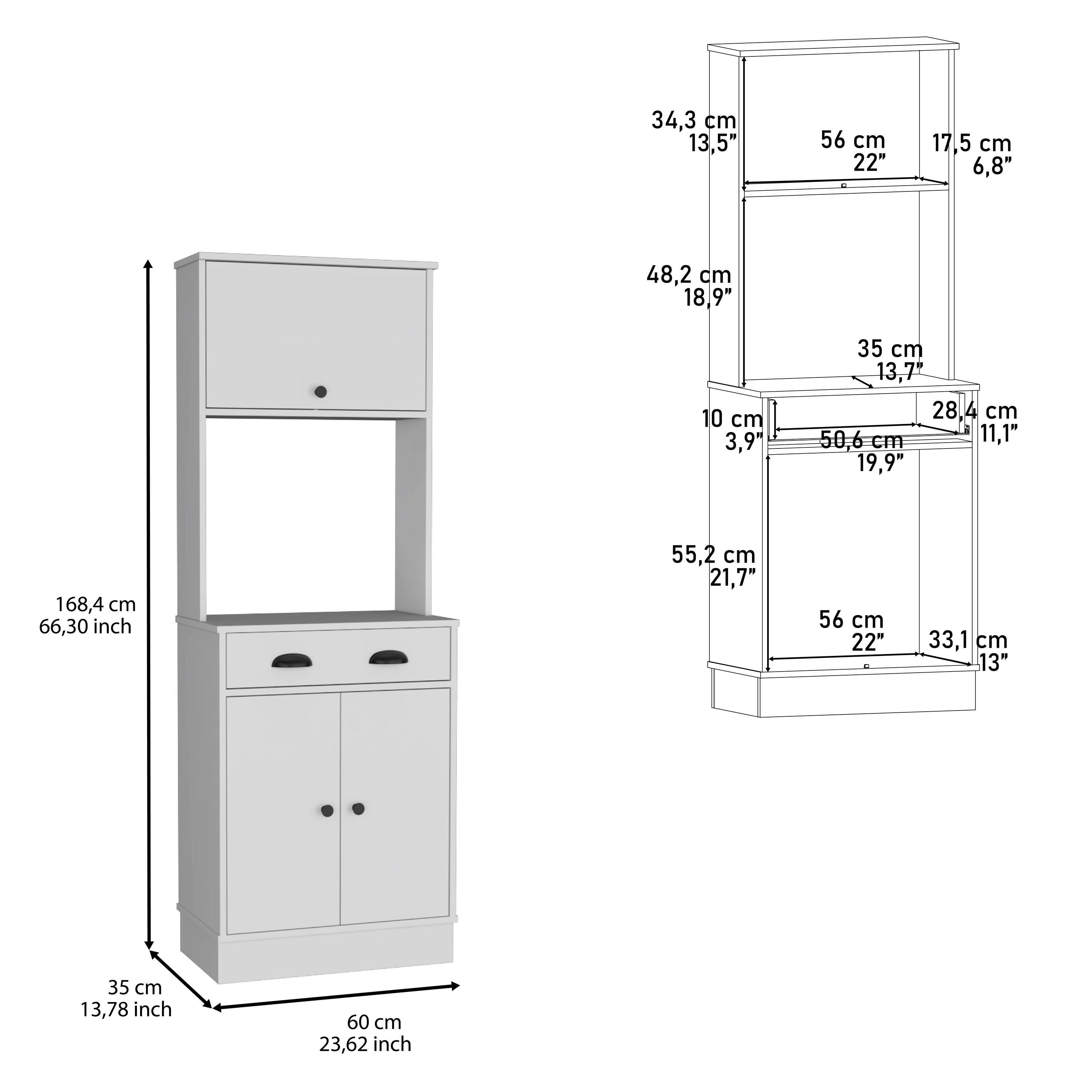Apex 66.3" H Kitchen Pantry with Drawer, 2 Cabinets, and Microwave Stand, White - Luciddepo