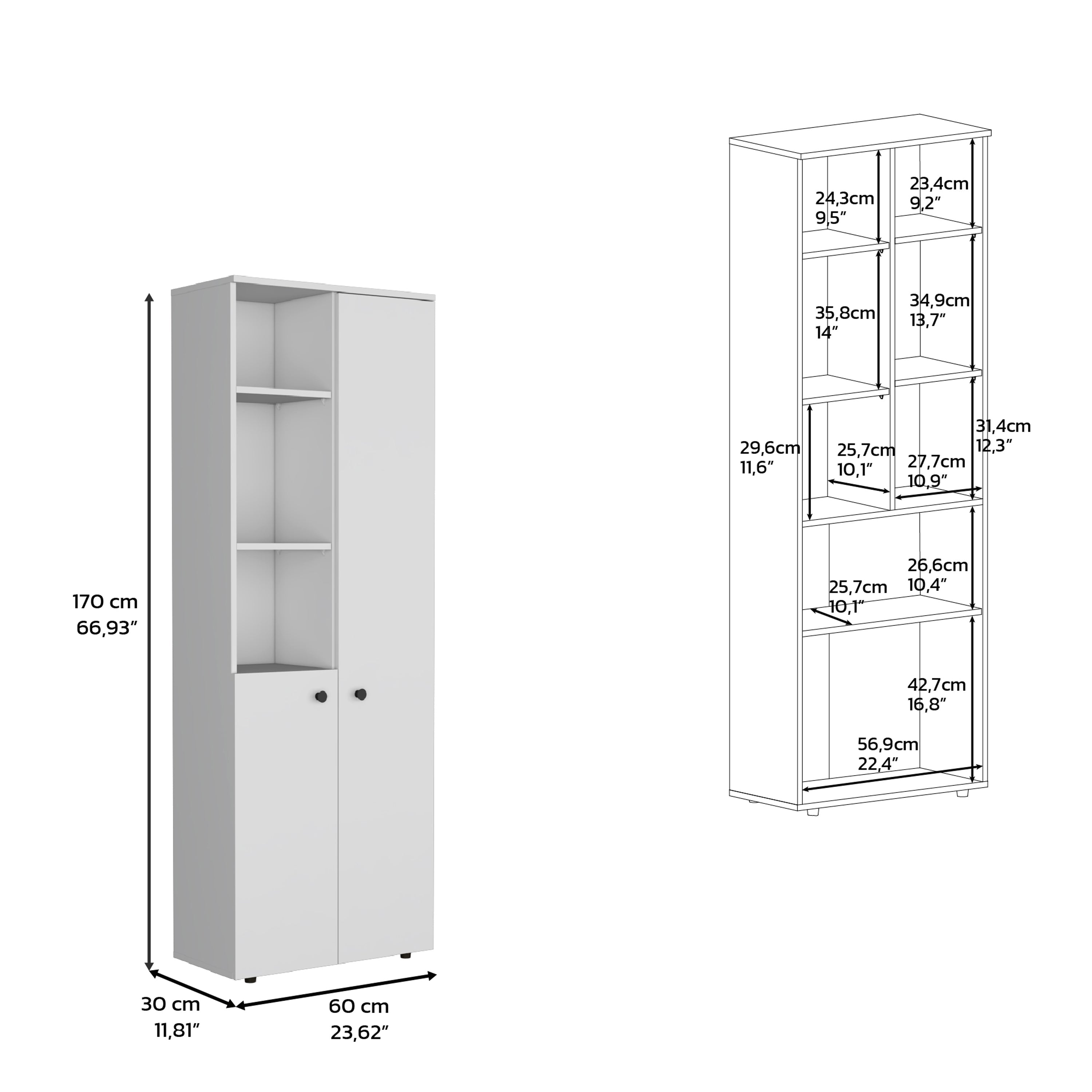 Riner 67" H Multistotage with 5-tier storage shelves and 2 doors, White - Luciddepo