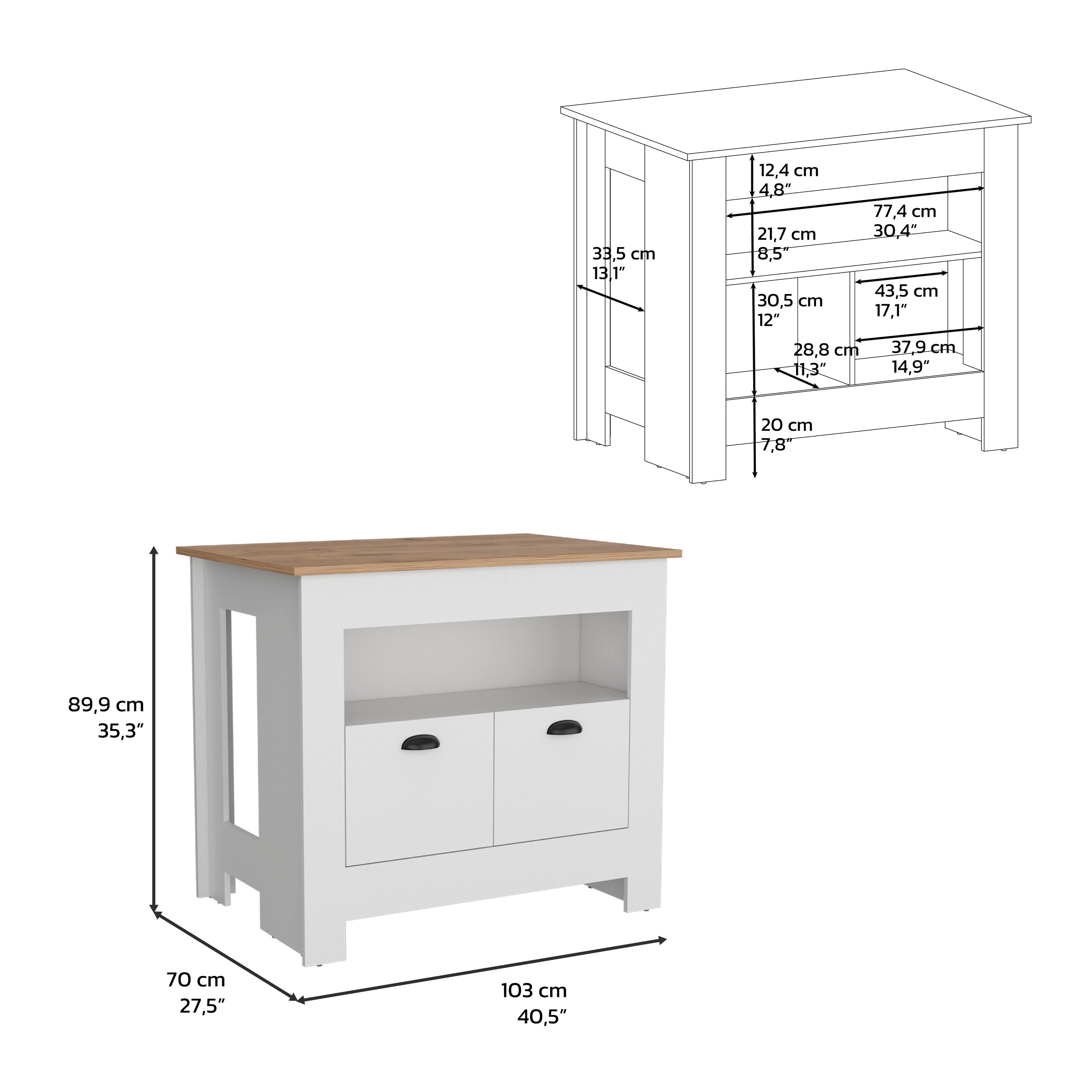 Floyd 35" H Kitchen Island, whit  2 doors, 3 shelves, White/Macadamia - Luciddepo