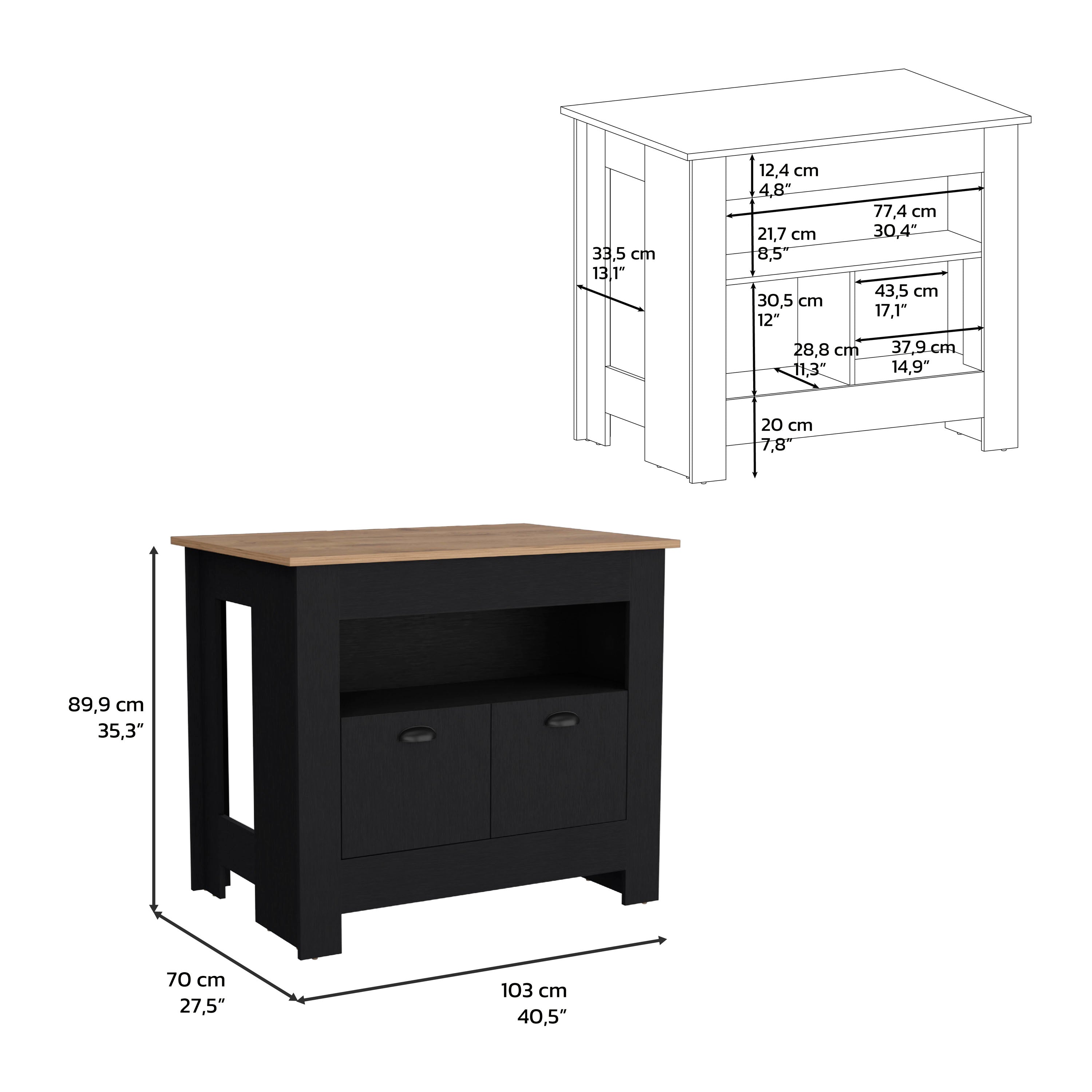 Floyd 35" H Kitchen Island, whit  2 doors, 3 shelves, Black/Macadamia - Luciddepo