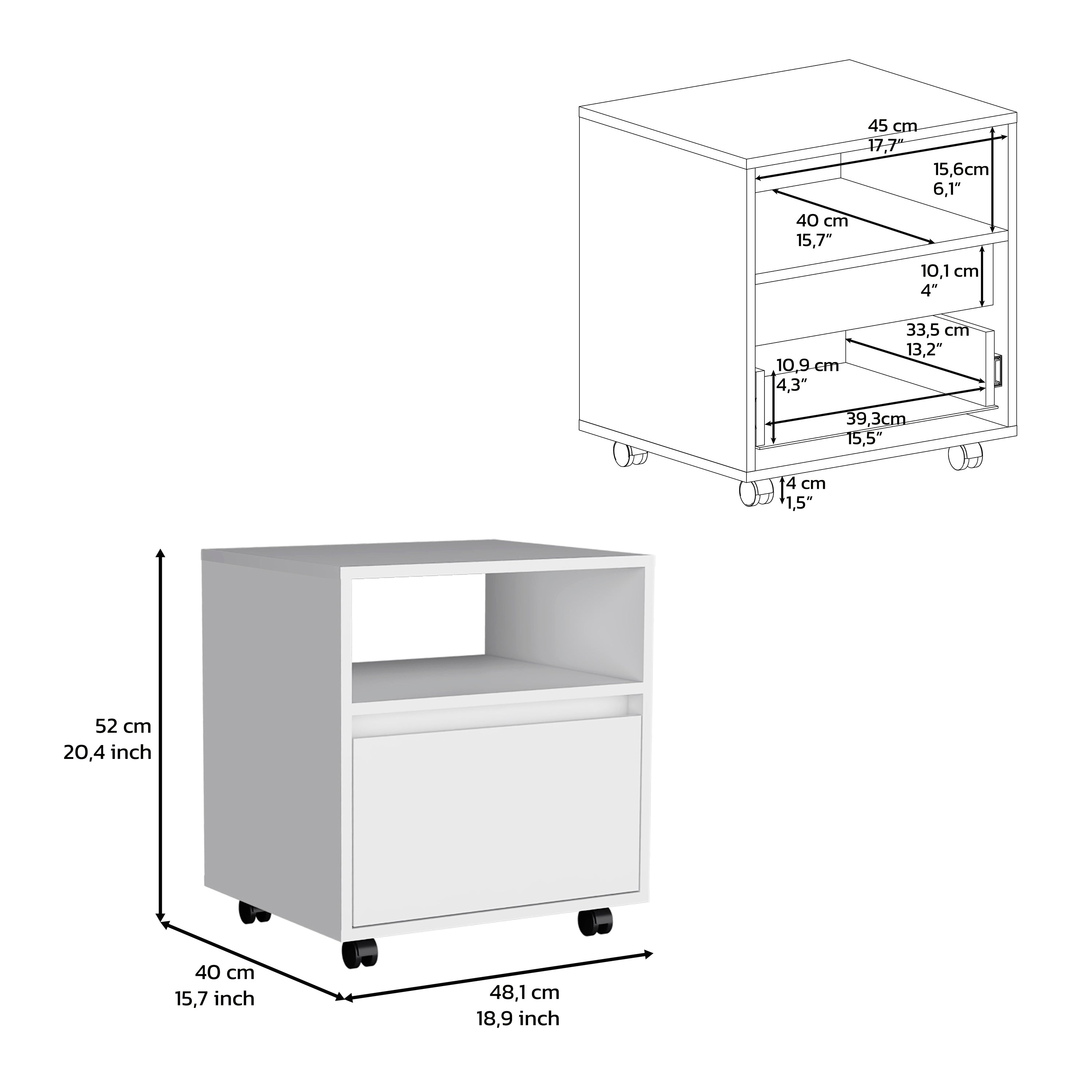 Wasilla Nightstand with Open Shelf, 1 Drawer and Casters, White - Luciddepo