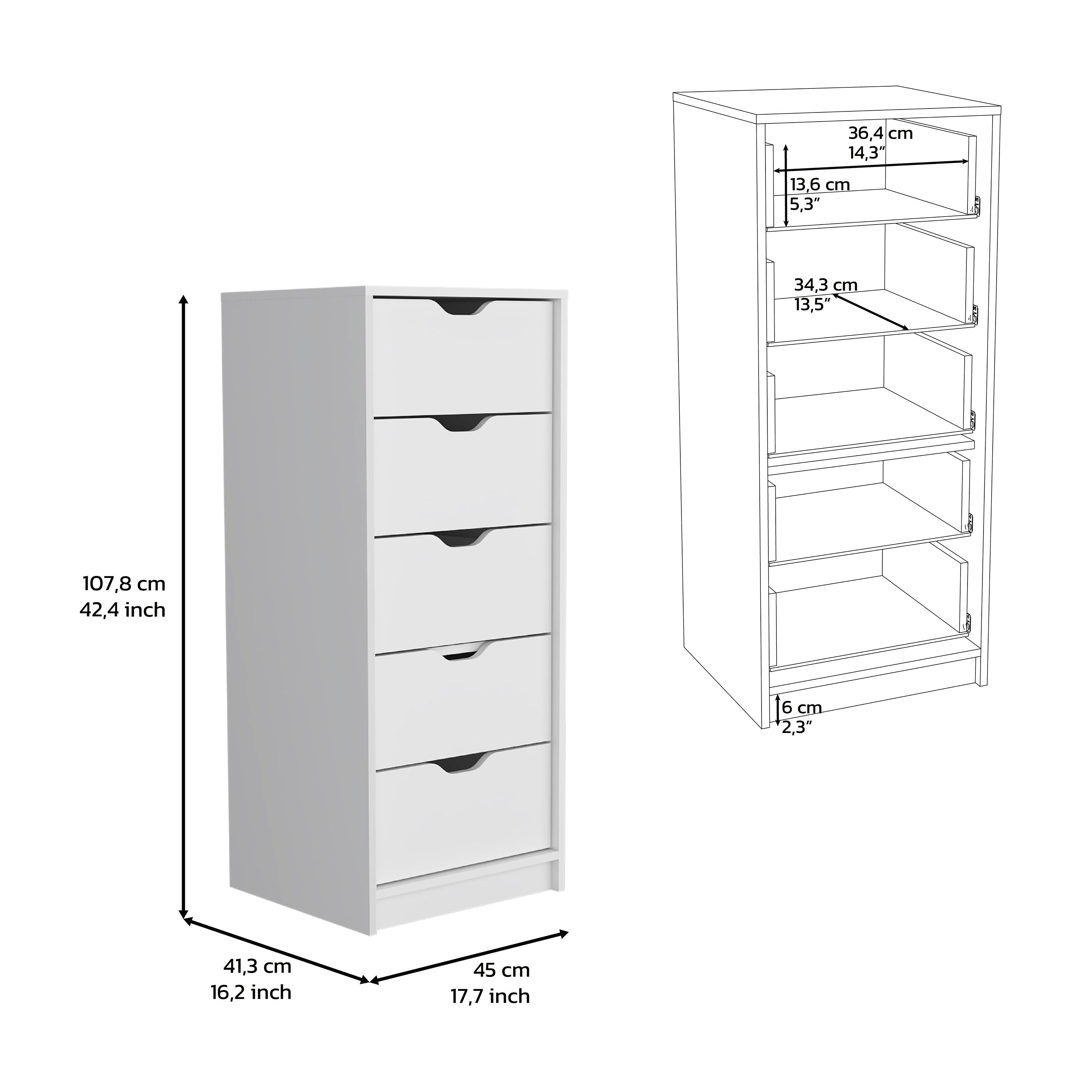 Houma 5 Drawers Narrow Dresser, Slim Storage Chest of Drawers, White - Luciddepo
