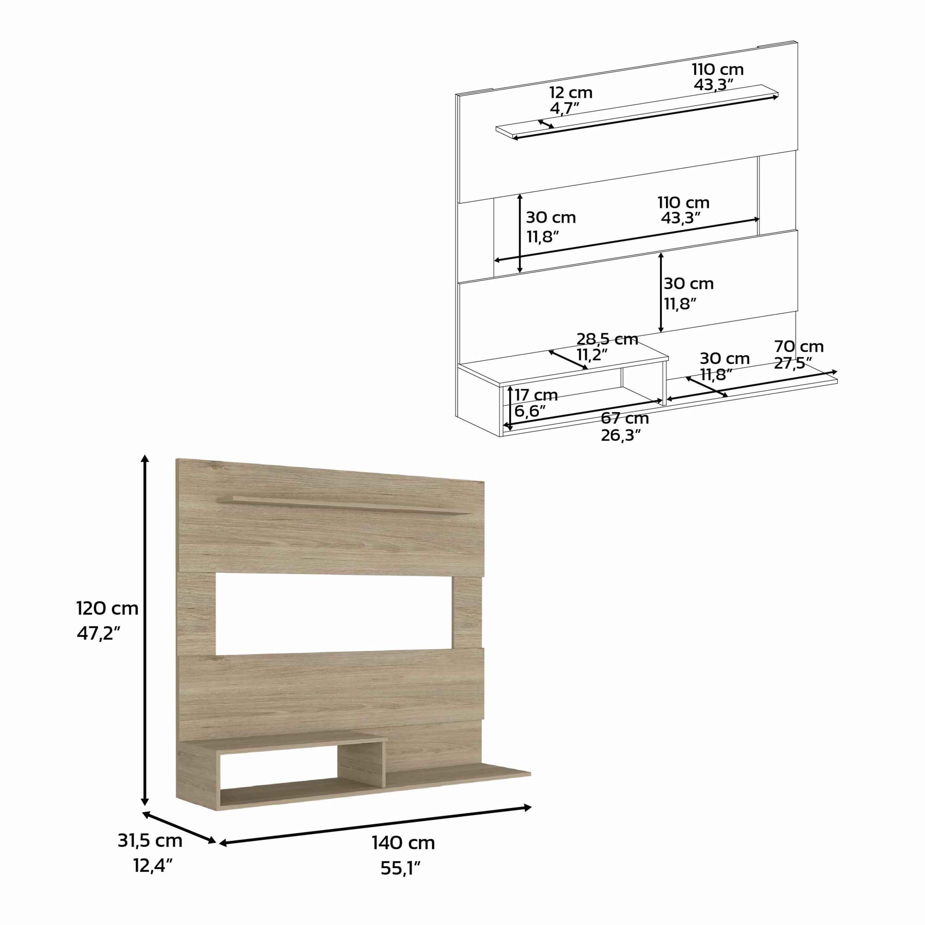 Baden Floating Entertainment Center for TV´s up 55", Space For TV, One Superior Shelf, Two Shelves, Light Pine